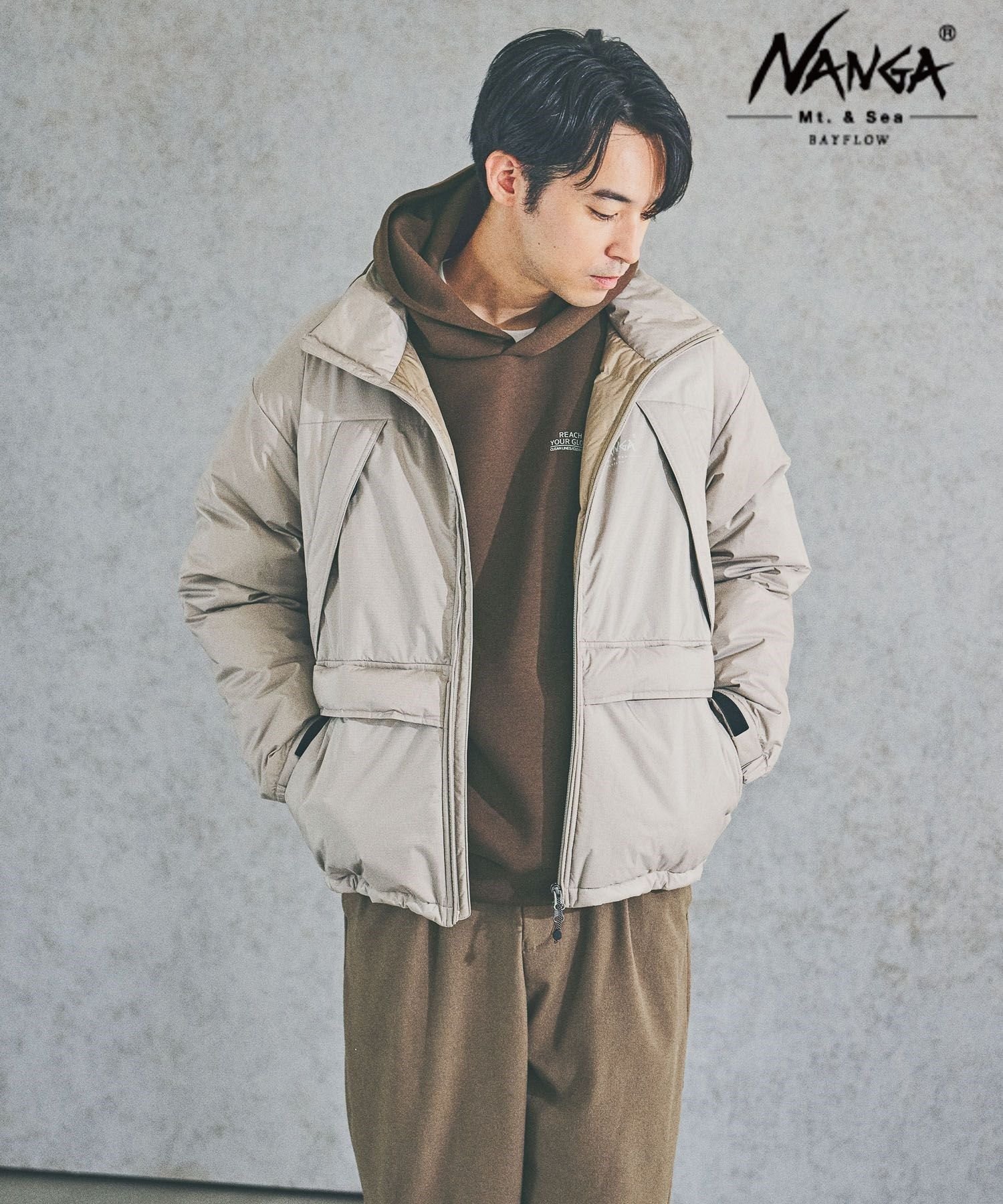【ベイフロー/BAYFLOW / MEN】の【NANGA Mt. Sea(ナンガ)】オーロラスタンドダウン25AW インテリア・キッズ・メンズ・レディースファッション・服の通販 founy(ファニー) 　ファッション　Fashion　メンズファッション　Fashion for Men　アウトドア　Outdoor Clothing　スピンドル　Spindle, Drawcord　スラックス　Slacks, Dress Pants　タフタ　Taffeta, Structured Fabric　ダウン　Down, Puffer　デニム　Denim, Jeans Material　ファブリック　Fabric, Textile　フラップ　Flap, Flap Pocket　プリント　Print, Printed Pattern　ベーシック　Basic, Essential　ポケット　Pocket, Pocket Detail　別注　Limited Edition, Custom Order　ワンポイント　One Point, Statement Accent　冬　Winter / This Winter　おすすめ　Recommended / Our Picks　ビジネス 仕事 通勤　Business / Work / Commuting　2025年　2025　2025-2026秋冬・A/W　Autumn/Winter 2025–26 AW25–26　ベージュ55|ID: prp329100004809178 ipo3291000000034902346