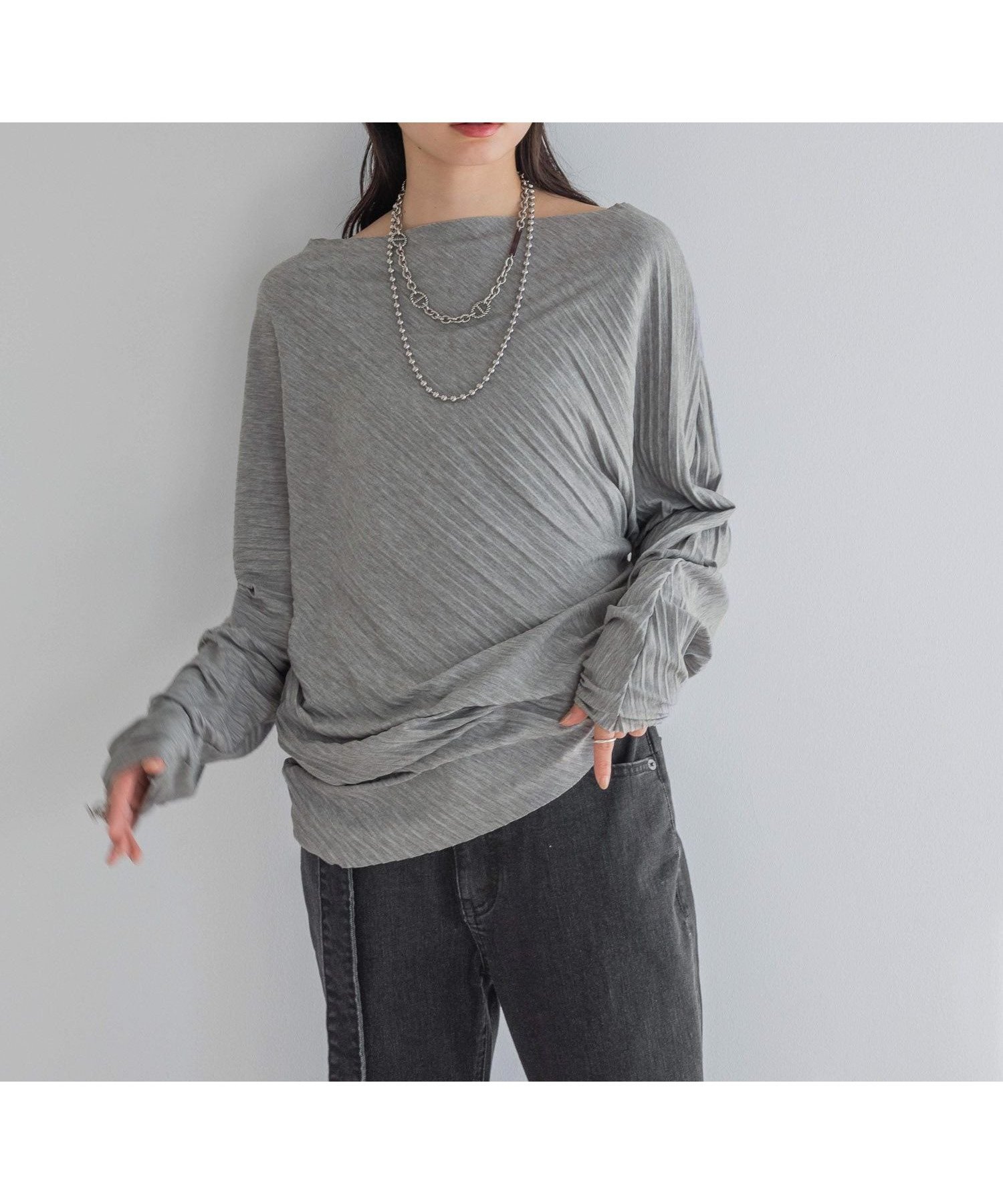 【ジーナシス/JEANASiS】のバイアスプリーツLS TEE インテリア・キッズ・メンズ・レディースファッション・服の通販 founy(ファニー) ファッション Fashion レディースファッション Fashion for Women おすすめ Recommended / Our Picks シンプル Simple, Minimal デコルテ Décolleté, Neckline デニム Denim, Jeans Material バイアス Bias, Diagonal Cut フェミニン Feminine, Girly プリーツ Pleats, Pleated ボトム Bottoms, Lower Wear ワンショル One Shoulder, Asymmetrical グレー|ID: prp329100004809249 ipo3291000000034902880
