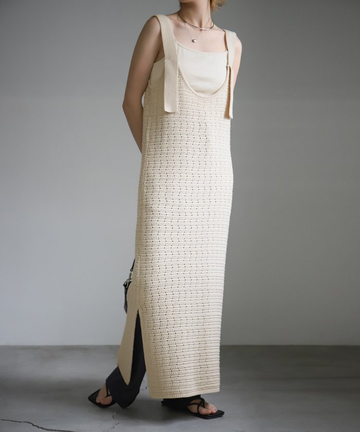 【セレクトモカ/SELECT MOCA】の透かし編み2WAYキャミワンピース インテリア・キッズ・メンズ・レディースファッション・服の通販 founy(ファニー) https://founy.com/ ファッション Fashion レディースファッション Fashion for Women ワンピース Dresses キャミソールワンピース Camisole Dresses おすすめ Recommended / Our Picks キャミワンピース Cami Dress, Slip Dress スラックス Slacks, Dress Pants スリット Slit, Slit Detail デニム Denim, Jeans Material 透かし Cut-Out, Lacework |ID: prp329100004809345 ipo3291000000034903838