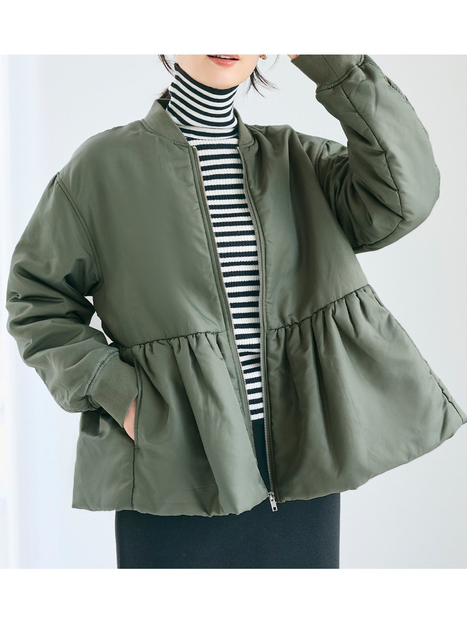 【コカ/COCA】のウォッシャブル ペプラムヘムMA-1 インテリア・キッズ・メンズ・レディースファッション・服の通販 founy(ファニー) ファッション Fashion レディースファッション Fashion for Women アウター Coat / Outerwear Collection MA-1ジャケット MA-1 Bomber Jackets / Flight Jackets ウォッシャブル Machine Washable シンプル Simple, Minimal ジップ Zip, Zipper ジャケット Jacket, Outerwear デニム Denim, Jeans Material フェミニン Feminine, Girly ブルゾン Blouson, Bomber Jacket ベーシック Basic, Essential ペプラム Peplum, Flared Hem ポケット Pocket, Pocket Detail 無地 Plain, Solid Color ワイド Wide, Wide Fit 2025年 2025 2025-2026秋冬・A/W Autumn/Winter 2025–26 AW25–26 Khaki|ID: prp329100004809383 ipo3291000000034904199