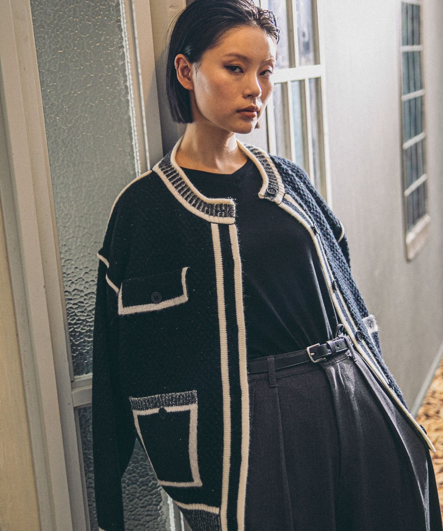 【ニコアンド/niko and】のMODE NORM CORE バイカラートリムニットカーディガン インテリア・キッズ・メンズ・レディースファッション・服の通販 founy(ファニー) 　ファッション　Fashion　レディースファッション　Fashion for Women　トップス・カットソー　Cut & Sew Tops　ニット　Knit Tops & Sweaters　カーディガン・羽織り　Layered Style Cardigans　おすすめ　Recommended / Our Picks　カットソー　Cut and Sewn Top　カーディガン　Cardigan, Knitwear　タートルネック　Turtleneck, High Neck　チェック　Check, Plaid, Tartan　ネップ　Nepp, Slub Yarn　ブラック|ID: prp329100004809505 ipo3291000000034905226