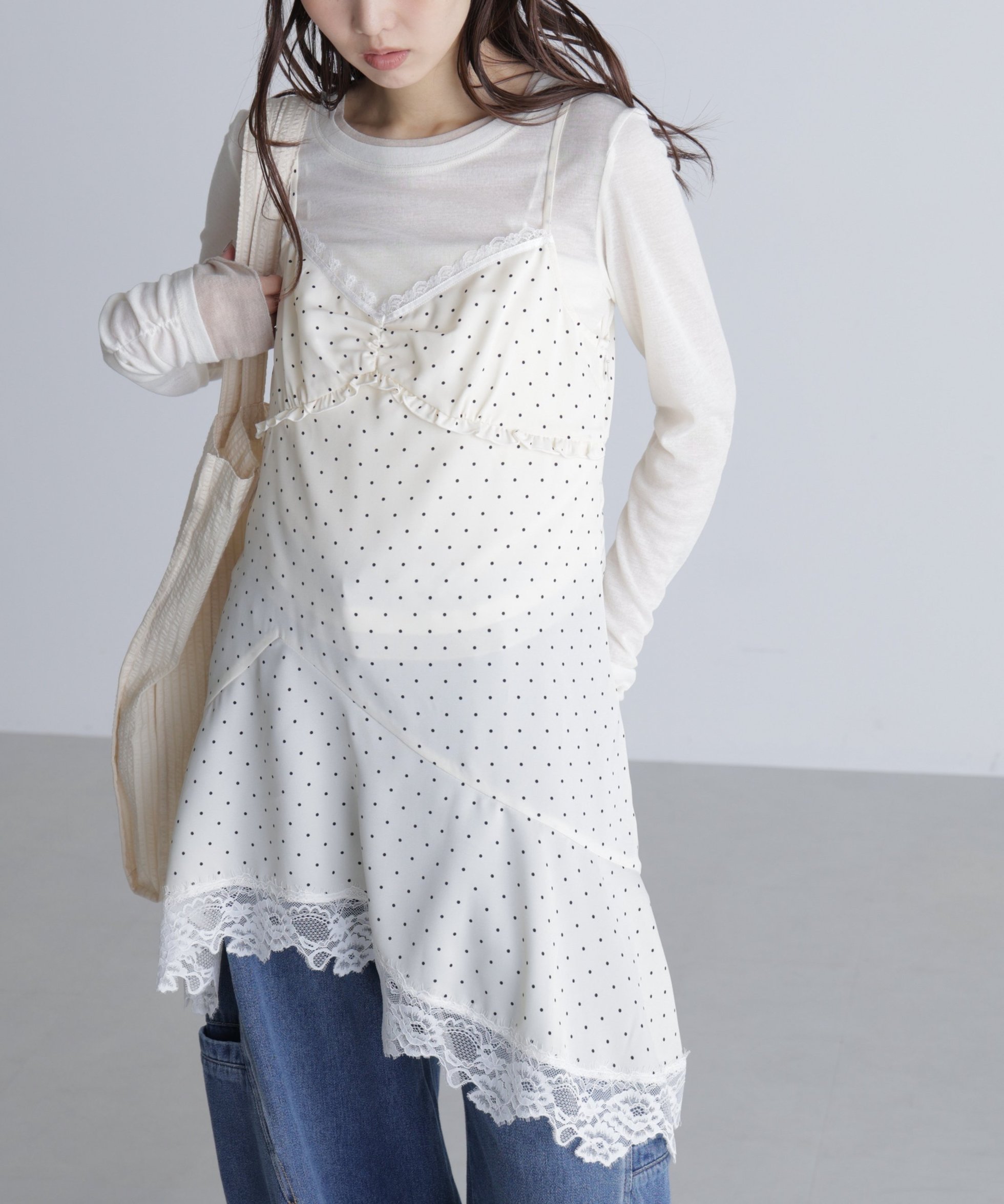 【フリーズマート/FREE'S MART】のイレヘムキャミワンピース インテリア・キッズ・メンズ・レディースファッション・服の通販 founy(ファニー) 　ファッション　Fashion　レディースファッション　Fashion for Women　ワンピース　Dresses　キャミソールワンピース　Camisole Dresses　おすすめ　Recommended / Our Picks　シャーリング　Shirring, Ruched　トレンド　Trend, Trending Now　フリル　Frill, Ruffle　フレア　Flare, Flared　ランジェリー　Lingerie, Intimate Wear　レース　Lace, Lace Fabric　今季　This Season, Current Season　無地　Plain, Solid Color　オフベースドット1|ID: prp329100004809564 ipo3291000000034905702