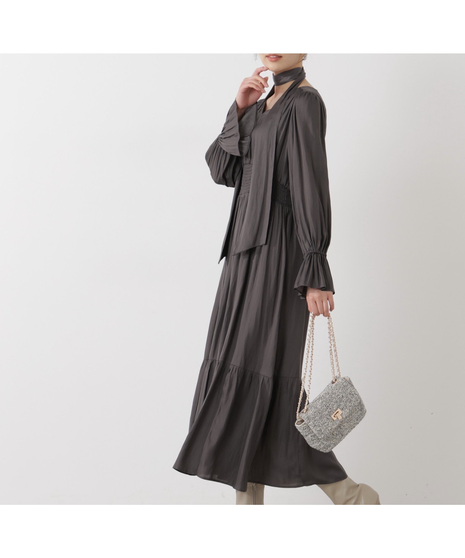 【プロポーション ボディドレッシング/PROPORTION BODY DRESSING】のタイ付きギャザーワンピース インテリア・キッズ・メンズ・レディースファッション・服の通販 founy(ファニー) 　ファッション　Fashion　レディースファッション　Fashion for Women　ワンピース　Dresses　ギャザー　Gathered, Ruffled　スリーブ　Sleeve, Long Sleeve / Short Sleeve　ロング　Long, Long-Length　エレガント 上品　Elegant　チャコール2|ID: prp329100004809568 ipo3291000000034905726