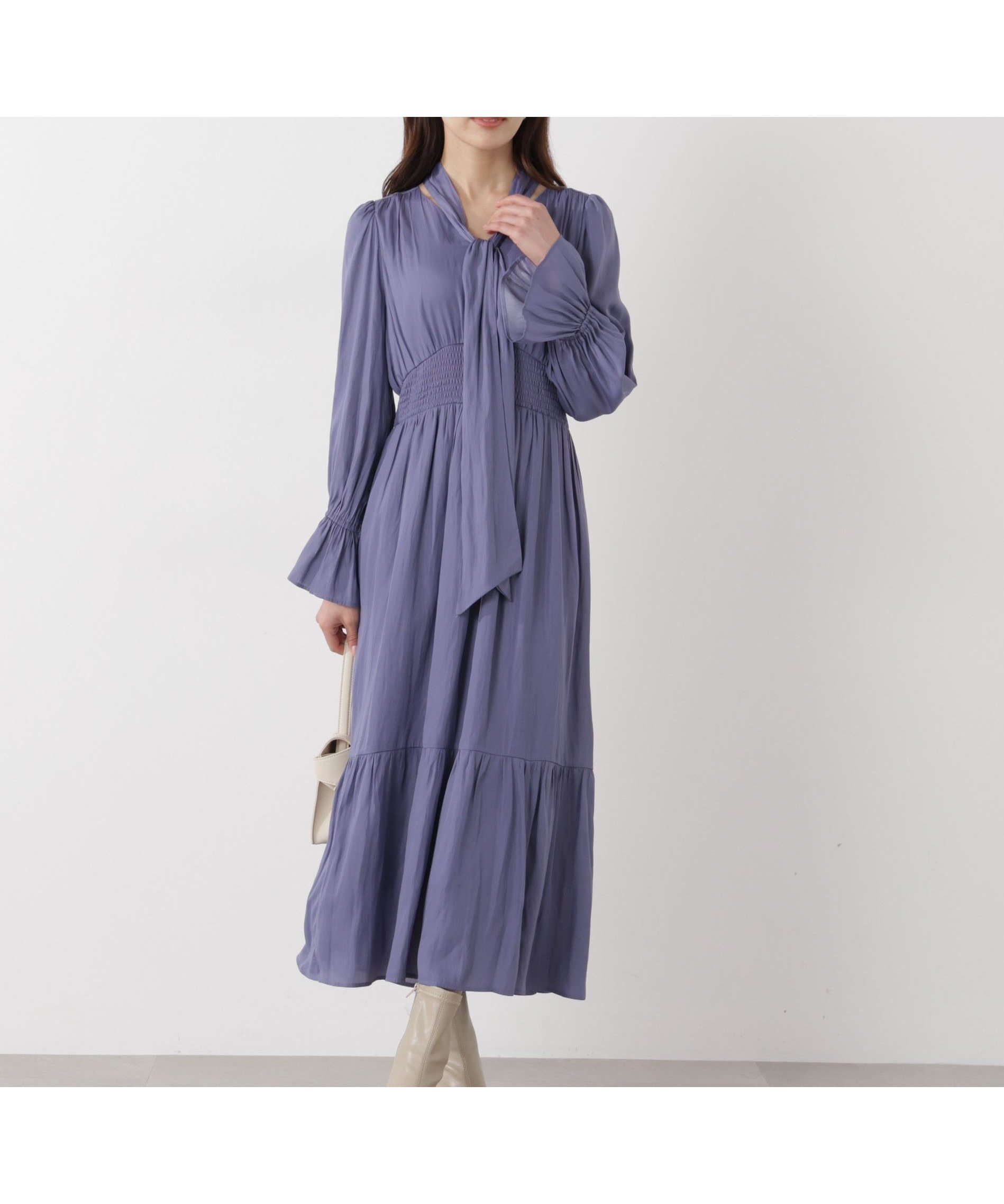 【プロポーション ボディドレッシング/PROPORTION BODY DRESSING】のタイ付きギャザーワンピース インテリア・キッズ・メンズ・レディースファッション・服の通販 founy(ファニー) 　ファッション　Fashion　レディースファッション　Fashion for Women　ワンピース　Dresses　ギャザー　Gathered, Ruffled　スリーブ　Sleeve, Long Sleeve / Short Sleeve　ロング　Long, Long-Length　エレガント 上品　Elegant　ブルー|ID: prp329100004809568 ipo3291000000034905727