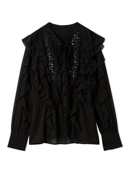 【リリーブラウン/Lily Brown】のL.B CANDY STOCK ビジューフリルブラウス 人気、トレンドファッション・服の通販 founy(ファニー) 　ファッション　Fashion　レディースファッション　Fashion for Women　トップス・カットソー　Cut & Sew Tops　シャツ・ブラウス・オフィスカジュアル　Elegant Blouses & Button-Ups　インナー　Innerwear　キャミソール　Camisole, Spaghetti Strap Top　クラシカル　Classical, Vintage-Inspired　シフォン　Chiffon, Lightweight Fabric　スマート　Smart, Elegant　ビジュー　Bijou, Jewel-like Accent　フェミニン　Feminine, Girly　フロント　Front, Front Design　ブラウジング　Blouson Silhouette, Cinched Waist　ベロア　Velour, Soft Velvet　ラッフル　Ruffle, Frill　リボン　Ribbon, Bow　エレガント 上品　Elegant　 other-1|ID: prp329100004809596 ipo3291000000034905904