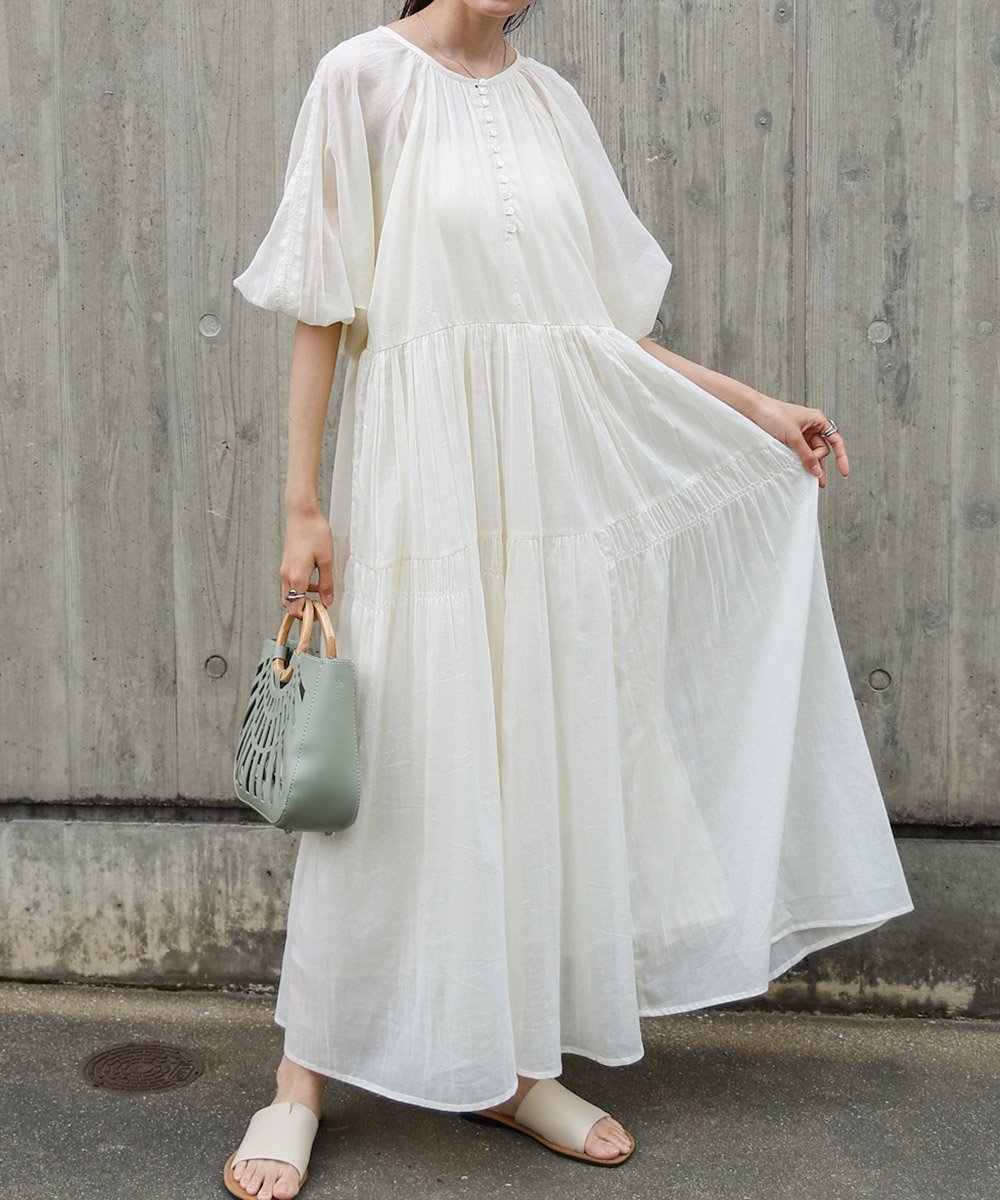 【バブ ブージュルード/Bab Bou Jeloud】の【低身長向けサイズあり】コットンボイルギャザーワンピース インテリア・キッズ・メンズ・レディースファッション・服の通販 founy(ファニー) 　ファッション　Fashion　レディースファッション　Fashion for Women　ワンピース　Dresses　インド　Indian Textile　くるぶし　Ankle-Length　ギャザー　Gathered, Ruffled　シェイプ　Shape, Slim Fit　シャーリング　Shirring, Ruched　スマート　Smart, Elegant　チェック　Check, Plaid, Tartan　バランス　Balance, Style Balance　ペチコート　Petticoat, Underskirt　リラックス　Relax, Relaxed Fit　ロング　Long, Long-Length　再入荷　Restock / Back in Stock　夏　Summer　IVORY|ID: prp329100004809603 ipo3291000000034905984