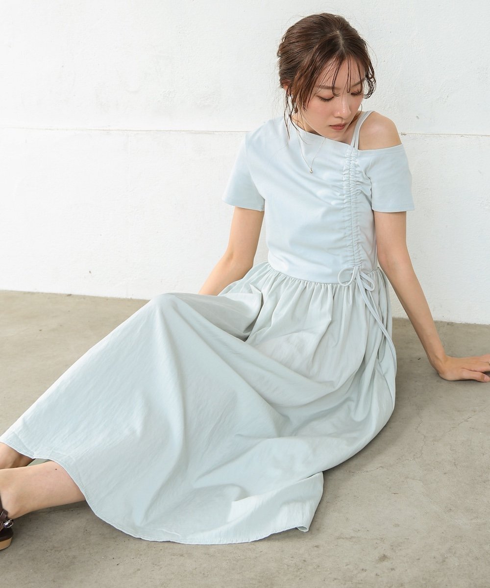 【バブ ブージュルード/Bab Bou Jeloud】のアシメシャーリングワンピース インテリア・キッズ・メンズ・レディースファッション・服の通販 founy(ファニー) 　ファッション　Fashion　レディースファッション　Fashion for Women　ワンピース　Dresses　キャップ　Cap, Baseball Cap　シャーリング　Shirring, Ruched　ストレッチ　Stretch, Stretchy Fabric　スニーカー　Sneakers, Trainers　スマート　Smart, Elegant　チェック　Check, Plaid, Tartan　再入荷　Restock / Back in Stock　おすすめ　Recommended / Our Picks　夏　Summer　L.BLUE|ID: prp329100004809632 ipo3291000000034906149