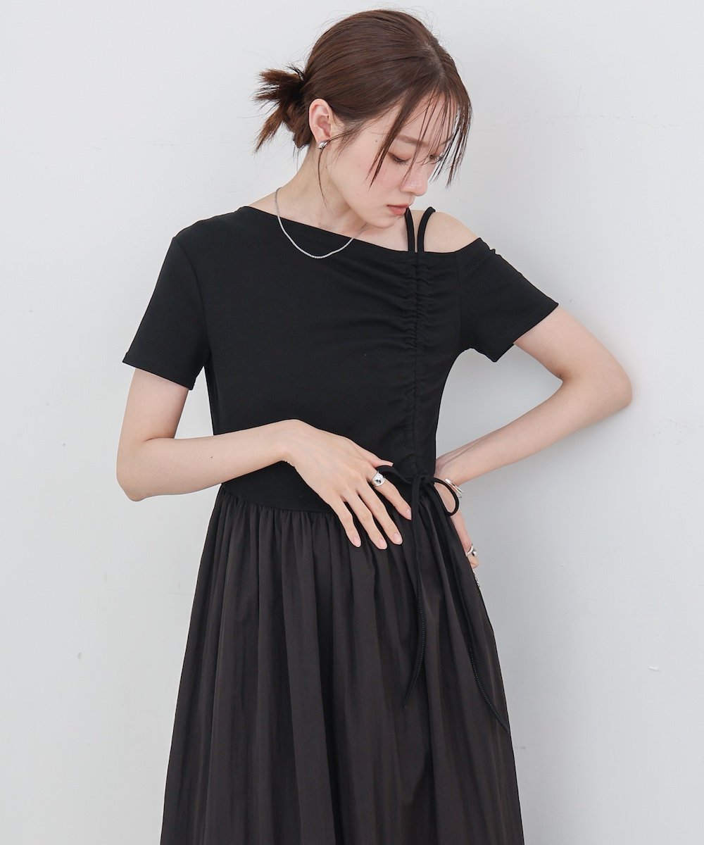 【バブ ブージュルード/Bab Bou Jeloud】のアシメシャーリングワンピース インテリア・キッズ・メンズ・レディースファッション・服の通販 founy(ファニー) 　ファッション　Fashion　レディースファッション　Fashion for Women　ワンピース　Dresses　キャップ　Cap, Baseball Cap　シャーリング　Shirring, Ruched　ストレッチ　Stretch, Stretchy Fabric　スニーカー　Sneakers, Trainers　スマート　Smart, Elegant　チェック　Check, Plaid, Tartan　再入荷　Restock / Back in Stock　おすすめ　Recommended / Our Picks　夏　Summer　BLACK|ID: prp329100004809632 ipo3291000000034906150