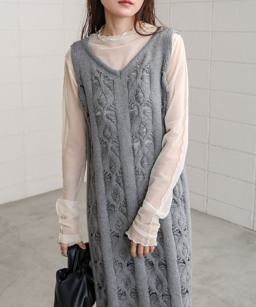 【バブ ブージュルード/Bab Bou Jeloud】の【低身長向けサイズあり】ミックス編みニットワンピース インテリア・キッズ・メンズ・レディースファッション・服の通販 founy(ファニー) 　ファッション　Fashion　レディースファッション　Fashion for Women　ワンピース　Dresses　ニットワンピース　Knit Dresses　インナー　Innerwear　ジャケット　Jacket, Outerwear　スマート　Smart, Elegant　スリット　Slit, Slit Detail　透かし　Cut-Out, Lacework　チェック　Check, Plaid, Tartan　デコルテ　Décolleté, Neckline　ミックス　Mix, Mixed Style　再入荷　Restock / Back in Stock　おすすめ　Recommended / Our Picks　GRAY|ID: prp329100004809655 ipo3291000000034906296