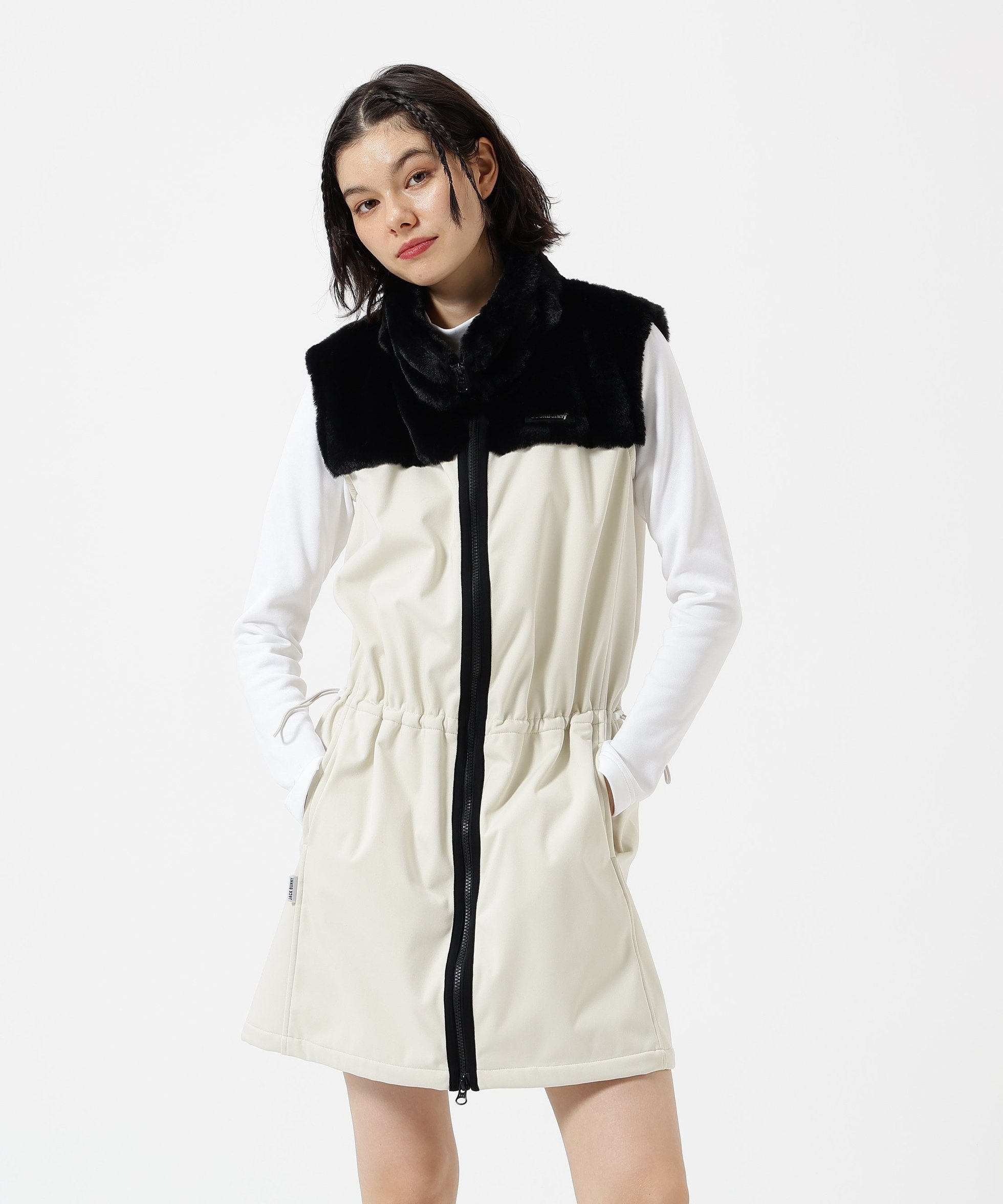 【ジャックバニー/Jack Bunny】のラミネートスムース 裏地付きワンピース インテリア・キッズ・メンズ・レディースファッション・服の通販 founy(ファニー) 　ファッション　Fashion　レディースファッション　Fashion for Women　ワンピース　Dresses　おすすめ　Recommended / Our Picks　ゴルフ　Golf　ストレッチ　Stretch, Stretchy Fabric　スピンドル　Spindle, Drawcord　ネオン　Neon, Neon Color　ブラウジング　Blouson Silhouette, Cinched Waist　ヨーク　Yoke, Yoke Design　A/W・秋冬　Autumn/Winter　ホワイト|ID: prp329100004809681 ipo3291000000034906528