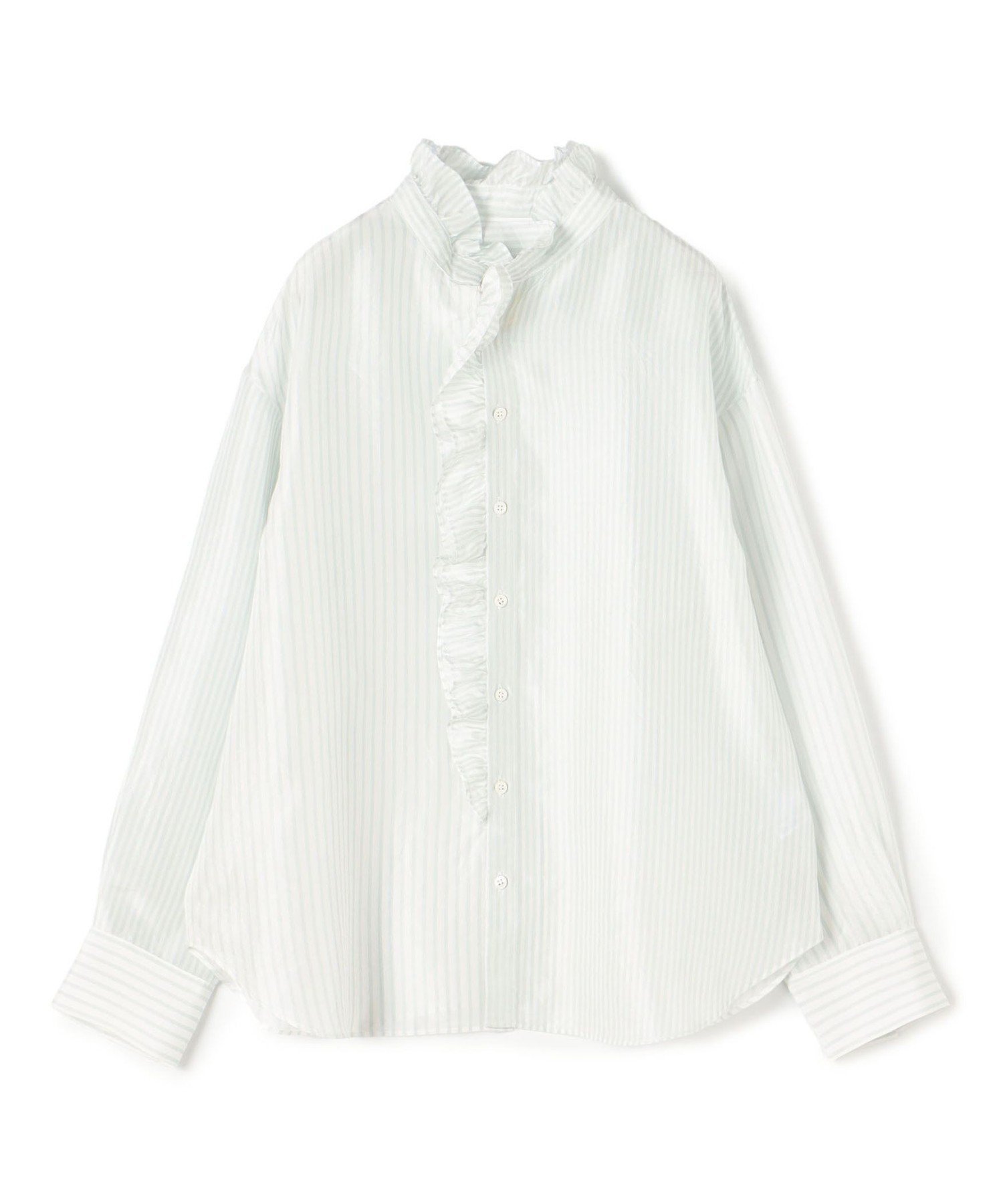 【トゥモローランド/TOMORROWLAND】のシルクハブタエ フリルカラーシャツ インテリア・キッズ・メンズ・レディースファッション・服の通販 founy(ファニー) 　ファッション　Fashion　レディースファッション　Fashion for Women　トップス・カットソー　Cut & Sew Tops　シャツ・ブラウス・オフィスカジュアル　Elegant Blouses & Button-Ups　イエロー　Yellow　シルク　Silk, 100% Silk　ストライプ　Stripe, Striped Pattern　フリル　Frill, Ruffle　52 ライトグリーン系|ID: prp329100004809684 ipo3291000000034906556