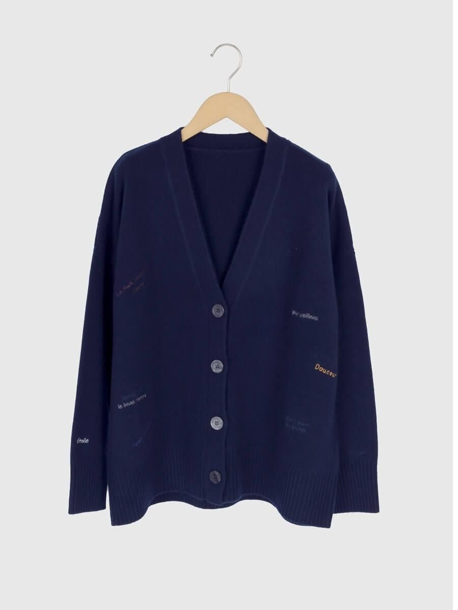 【ヴァン/Vin】のロゴ刺繍デザインニットカーディガン インテリア・キッズ・メンズ・レディースファッション・服の通販 founy(ファニー) 　ファッション　Fashion　レディースファッション　Fashion for Women　トップス・カットソー　Cut & Sew Tops　ニット　Knit Tops & Sweaters　カーディガン・羽織り　Layered Style Cardigans　なめらか　Smooth, Silky Texture　カーディガン　Cardigan, Knitwear　ネイビー|ID: prp329100004809689 ipo3291000000034906589