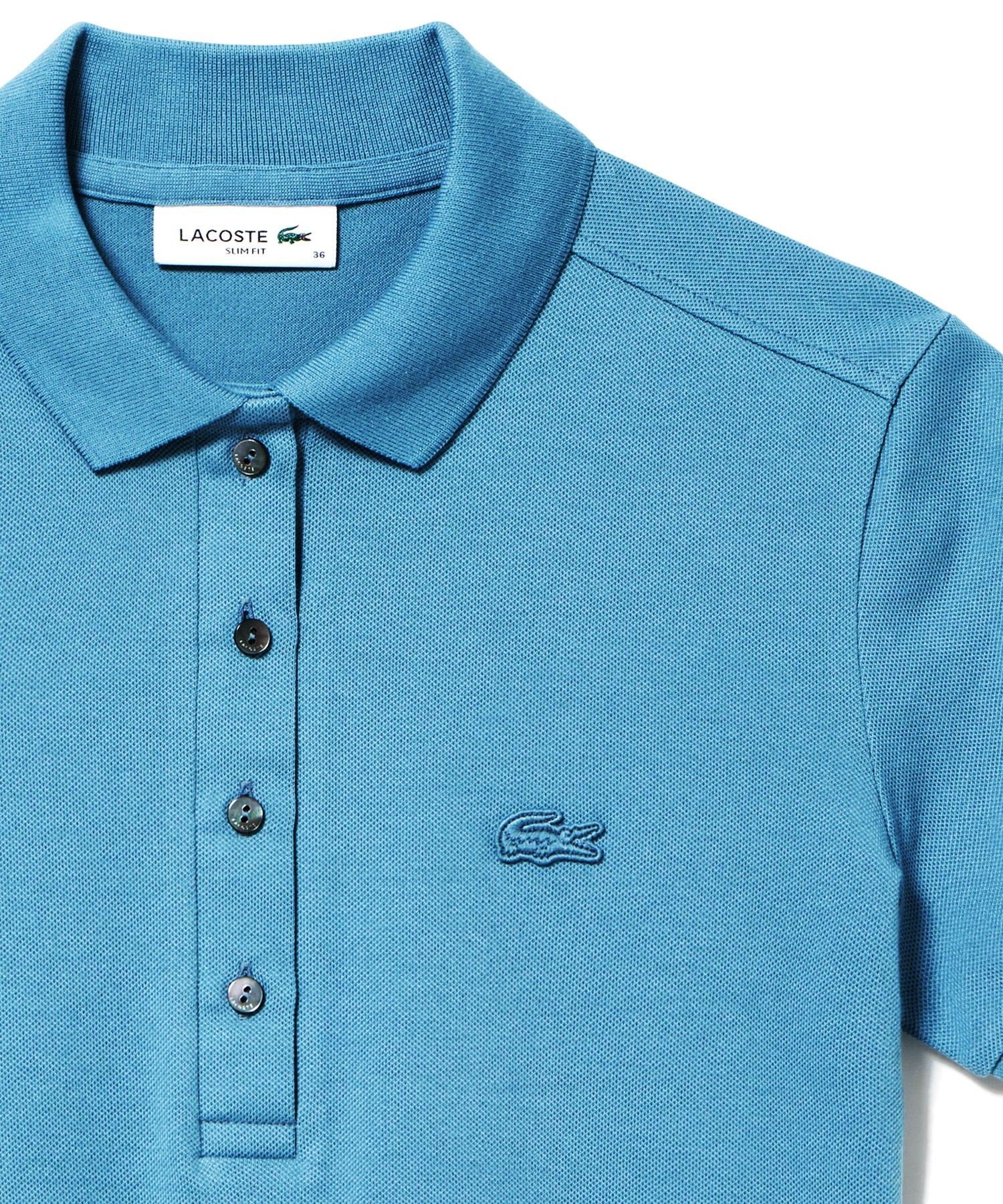 【ラコステ/LACOSTE】のスリムフィット ストレッチコットンピケポロシャツ(半袖) インテリア・キッズ・メンズ・レディースファッション・服の通販 founy(ファニー) 　ファッション　Fashion　レディースファッション　Fashion for Women　トップス・カットソー　Cut & Sew Tops　シャツ・ブラウス・オフィスカジュアル　Elegant Blouses & Button-Ups　ポロシャツ・きれいめカジュアル　Smart-Casual Polo Tops　スリム　Slim, Slim Fit　フィット　Fit, Slim Fit　フェミニン　Feminine, Girly　ポロシャツ　Polo Shirt, Collared Tee　リブニット　Rib Knit, Ribbed Knit　半袖　Short Sleeve, Half Sleeve　グレイッシュブルー|ID: prp329100004809693 ipo3291000000034906622