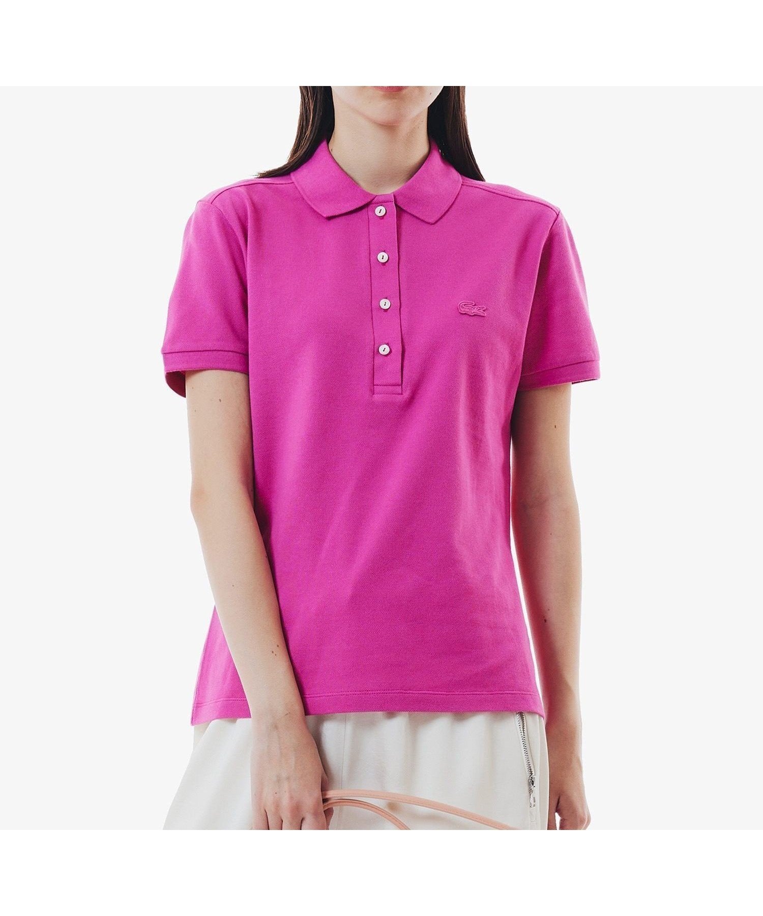 【ラコステ/LACOSTE】のスリムフィット ストレッチコットンピケポロシャツ(半袖) インテリア・キッズ・メンズ・レディースファッション・服の通販 founy(ファニー) 　ファッション　Fashion　レディースファッション　Fashion for Women　トップス・カットソー　Cut & Sew Tops　シャツ・ブラウス・オフィスカジュアル　Elegant Blouses & Button-Ups　ポロシャツ・きれいめカジュアル　Smart-Casual Polo Tops　スリム　Slim, Slim Fit　フィット　Fit, Slim Fit　フェミニン　Feminine, Girly　ポロシャツ　Polo Shirt, Collared Tee　リブニット　Rib Knit, Ribbed Knit　半袖　Short Sleeve, Half Sleeve　フューシャピンク|ID: prp329100004809693 ipo3291000000034906629