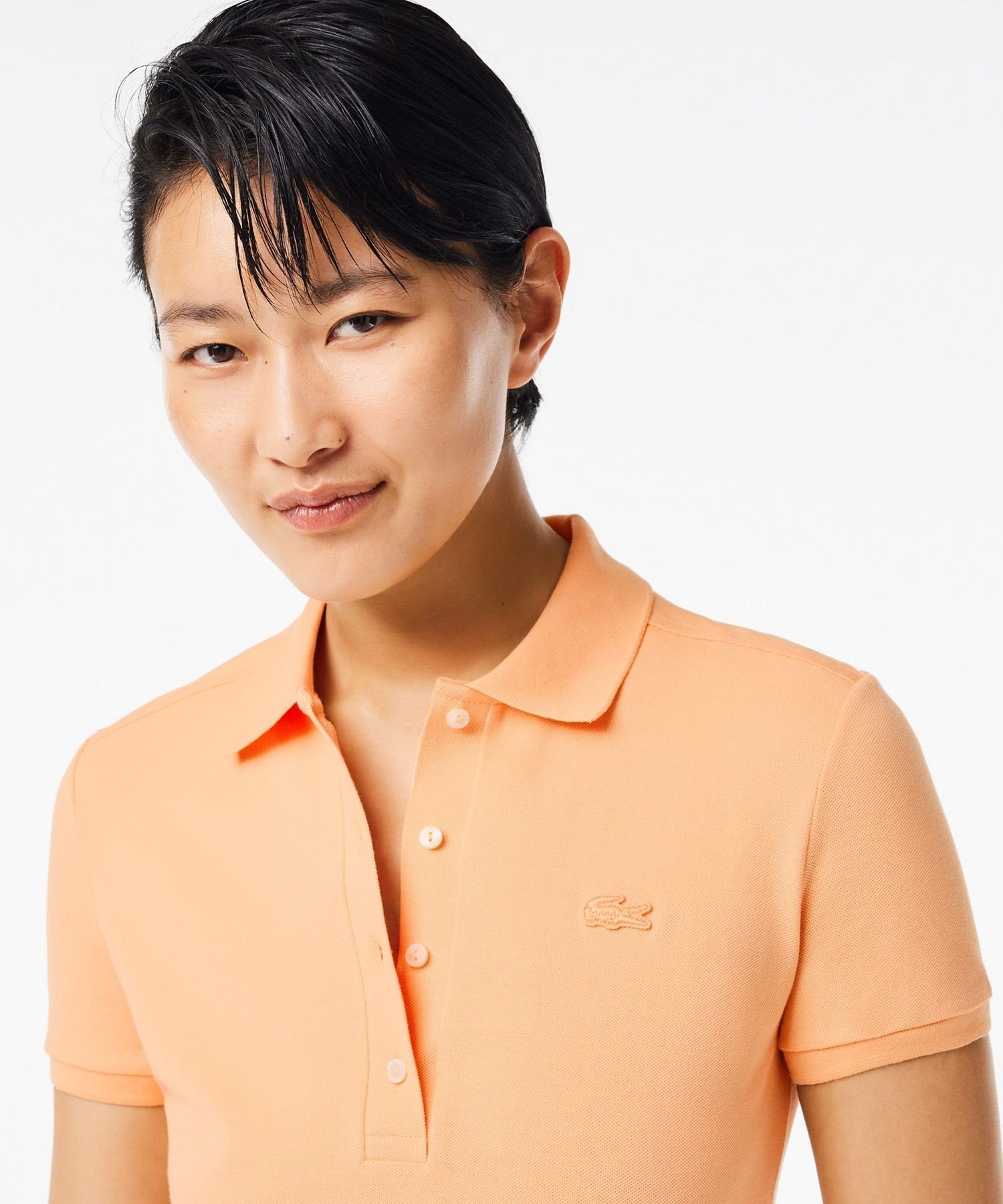 【ラコステ/LACOSTE】のスリムフィット ストレッチコットンピケポロシャツ(半袖) インテリア・キッズ・メンズ・レディースファッション・服の通販 founy(ファニー) 　ファッション　Fashion　レディースファッション　Fashion for Women　トップス・カットソー　Cut & Sew Tops　シャツ・ブラウス・オフィスカジュアル　Elegant Blouses & Button-Ups　ポロシャツ・きれいめカジュアル　Smart-Casual Polo Tops　スリム　Slim, Slim Fit　フィット　Fit, Slim Fit　フェミニン　Feminine, Girly　ポロシャツ　Polo Shirt, Collared Tee　リブニット　Rib Knit, Ribbed Knit　半袖　Short Sleeve, Half Sleeve　オレンジ系その他|ID: prp329100004809693 ipo3291000000034906632