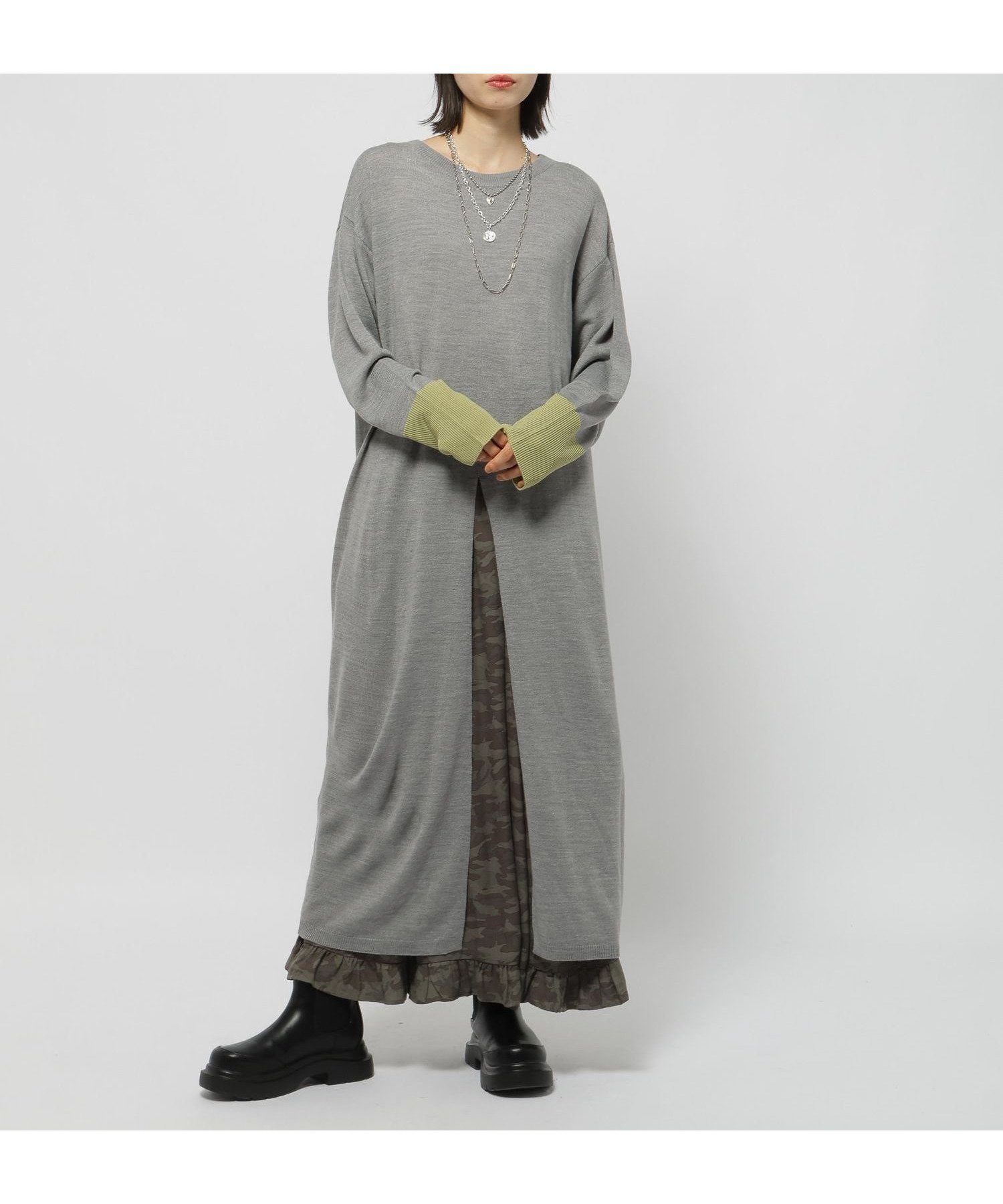 【ニコアンド/niko and】の2WAYセンタースリットワンピース インテリア・キッズ・メンズ・レディースファッション・服の通販 founy(ファニー) 　ファッション　Fashion　レディースファッション　Fashion for Women　ワンピース　Dresses　おすすめ　Recommended / Our Picks　アクセサリー　Fashion Accessories　アクリル　Acrylic Material　イエロー　Yellow　オレンジ　Orange　シアー　Sheer, See-Through　スリット　Slit, Slit Detail　センター　Center, Center Line　ロング　Long, Long-Length　軽量　Lightweight, Ultra Light　グレーイエロースリーブ|ID: prp329100004809750 ipo3291000000034907212