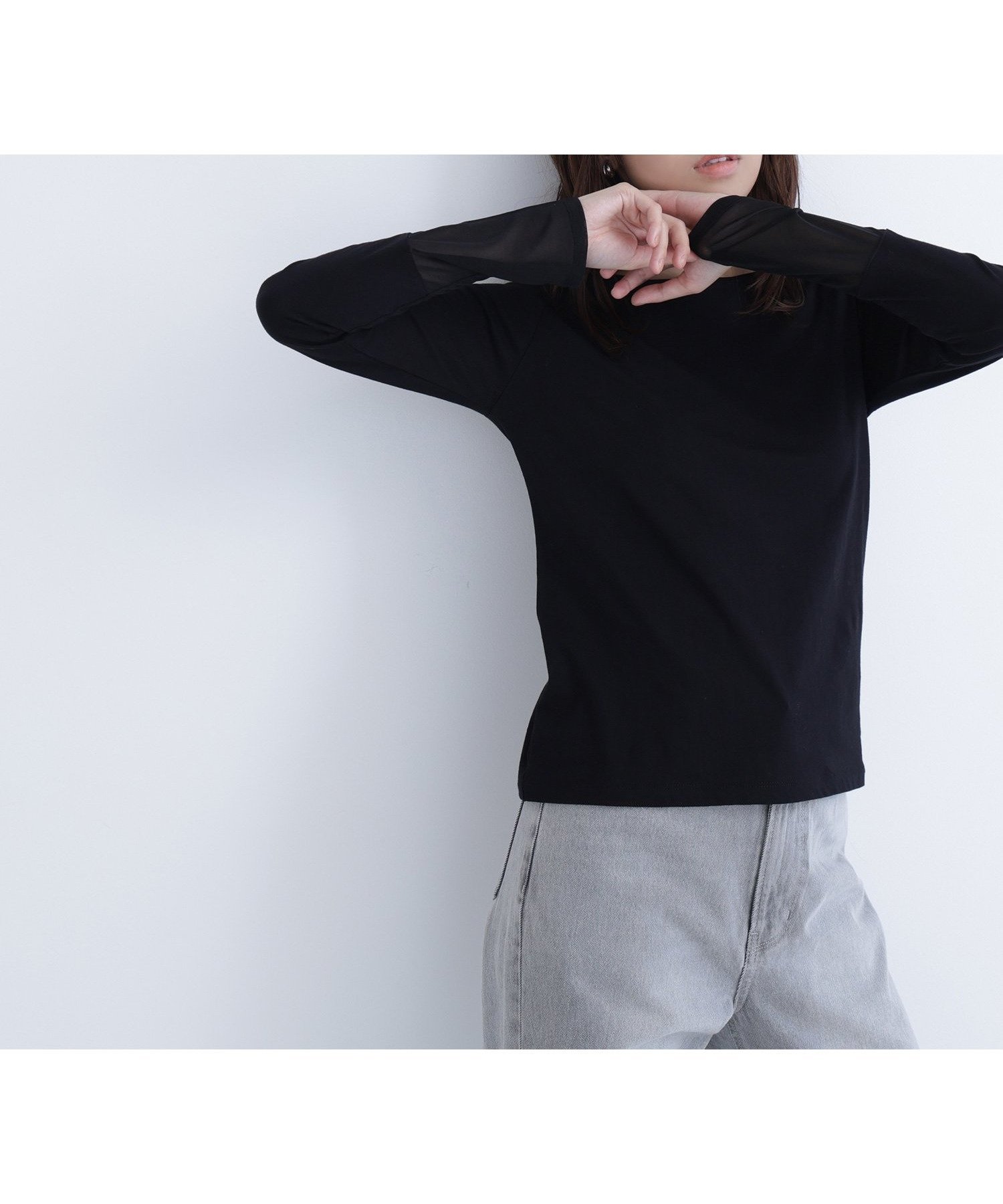 【ナチュラル ビューティー ベーシック/NATURAL BEAUTY BASIC】のシアーカフスカットソー インテリア・キッズ・メンズ・レディースファッション・服の通販 founy(ファニー) 　ファッション　Fashion　レディースファッション　Fashion for Women　トップス・カットソー　Cut & Sew Tops　カットソー・ベーシックTシャツ　Cut-and-Sewn Tops / Stretch Tees & Basics　インナー　Innerwear　カットソー　Cut and Sewn Top　シアー　Sheer, See-Through　ジャケット　Jacket, Outerwear　トレンド　Trend, Trending Now　ドッキング　Docking, Mixed Material　エレガント 上品　Elegant　ブラック|ID: prp329100004809753 ipo3291000000034907250