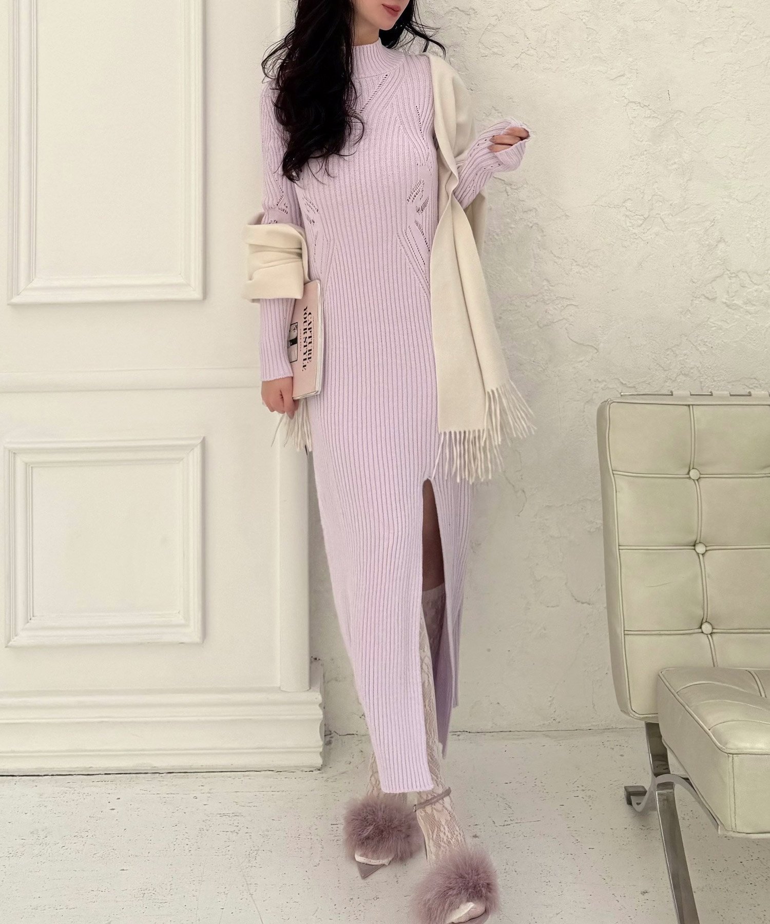 【ロイヤルパーティー/ROYAL PARTY】の透かし編みモックネックロングニットドレス インテリア・キッズ・メンズ・レディースファッション・服の通販 founy(ファニー) 　ファッション　Fashion　レディースファッション　Fashion for Women　トップス・カットソー　Cut & Sew Tops　ニット　Knit Tops & Sweaters　ワンピース　Dresses　フォーマル・パーティードレス・結婚式用ドレス　Elegant & Casual Dresses　シンプル　Simple, Minimal　スリット　Slit, Slit Detail　バランス　Balance, Style Balance　パープル|ID: prp329100004809768 ipo3291000000034907382