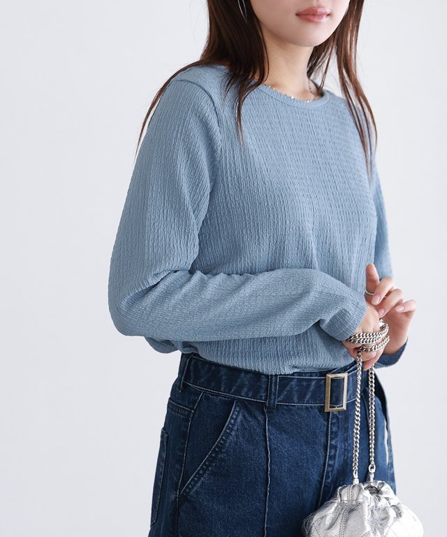 【ピエロ/Pierrot】のベーシックスリーブジャカードカットソー インテリア・キッズ・メンズ・レディースファッション・服の通販 founy(ファニー) 　ファッション　Fashion　レディースファッション　Fashion for Women　トップス・カットソー　Cut & Sew Tops　カットソー・ベーシックTシャツ　Cut-and-Sewn Tops / Stretch Tees & Basics　インナー　Innerwear　シンプル　Simple, Minimal　ジャカード／ジャガード　Jacquard, Woven Pattern　トレンド　Trend, Trending Now　スモークブルー|ID: prp329100004809787 ipo3291000000034907479