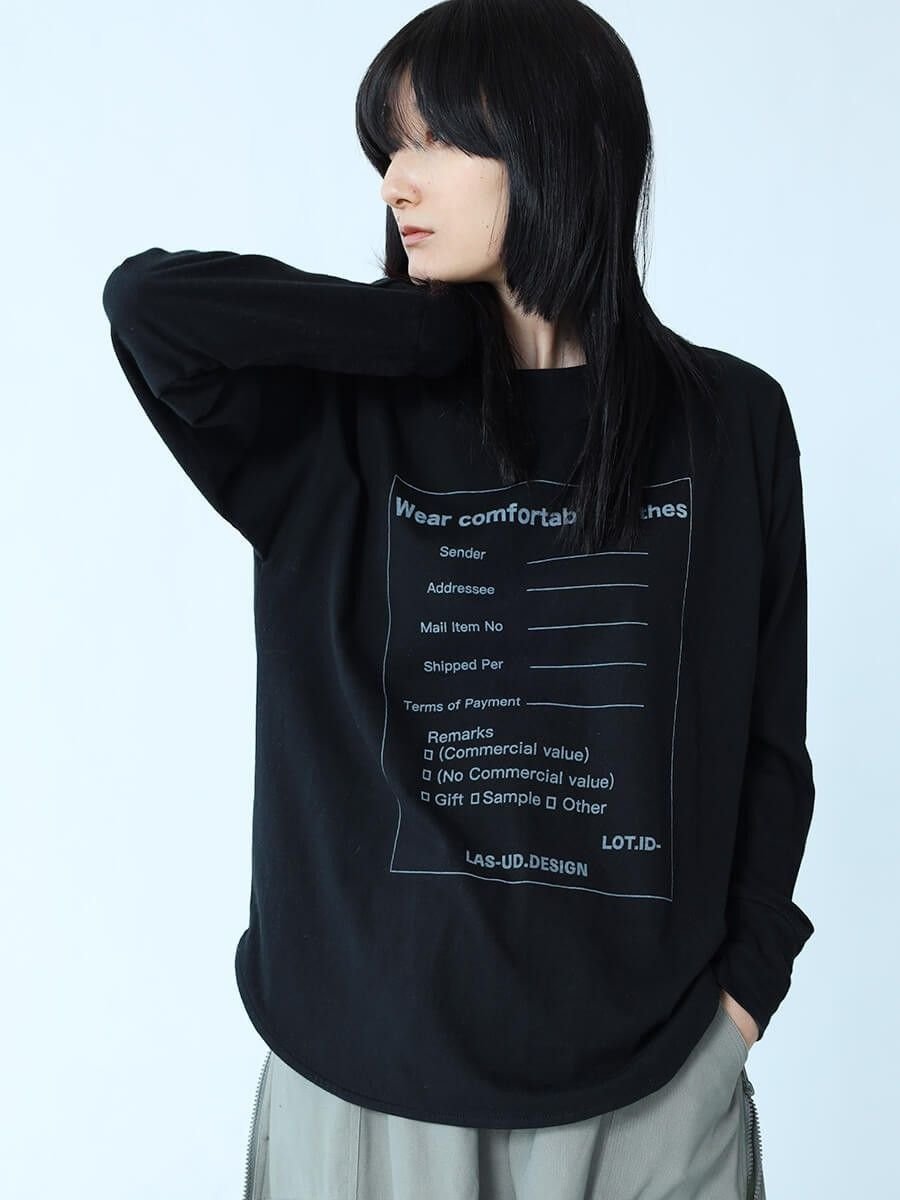 【ラシュッド/LASUD】のタグプリントロングTシャツ 人気、トレンドファッション・服の通販 founy(ファニー) 　ファッション　Fashion　レディースファッション　Fashion for Women　トップス・カットソー　Cut & Sew Tops　シャツ・ブラウス・オフィスカジュアル　Elegant Blouses & Button-Ups　ロングTシャツ・Tシャツ　Longline T-Shirts & Tees　おすすめ　Recommended / Our Picks　インナー　Innerwear　プリント　Print, Printed Pattern　ベーシック　Basic, Essential　ロング　Long, Long-Length　 other-1|ID: prp329100004809815 ipo3291000000034907724