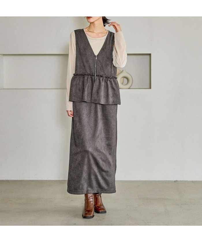 【ラコレ/LAKOLE】のスエードポンチワンピース インテリア・キッズ・メンズ・レディースファッション・服の通販 founy(ファニー) https://founy.com/ ファッション Fashion レディースファッション Fashion for Women ワンピース Dresses カットソー Cut and Sewn Top フロント Front, Front Design ベスト Vest, Waistcoat エレガント 上品 Elegant |ID: prp329100004809835 ipo3291000000035161976