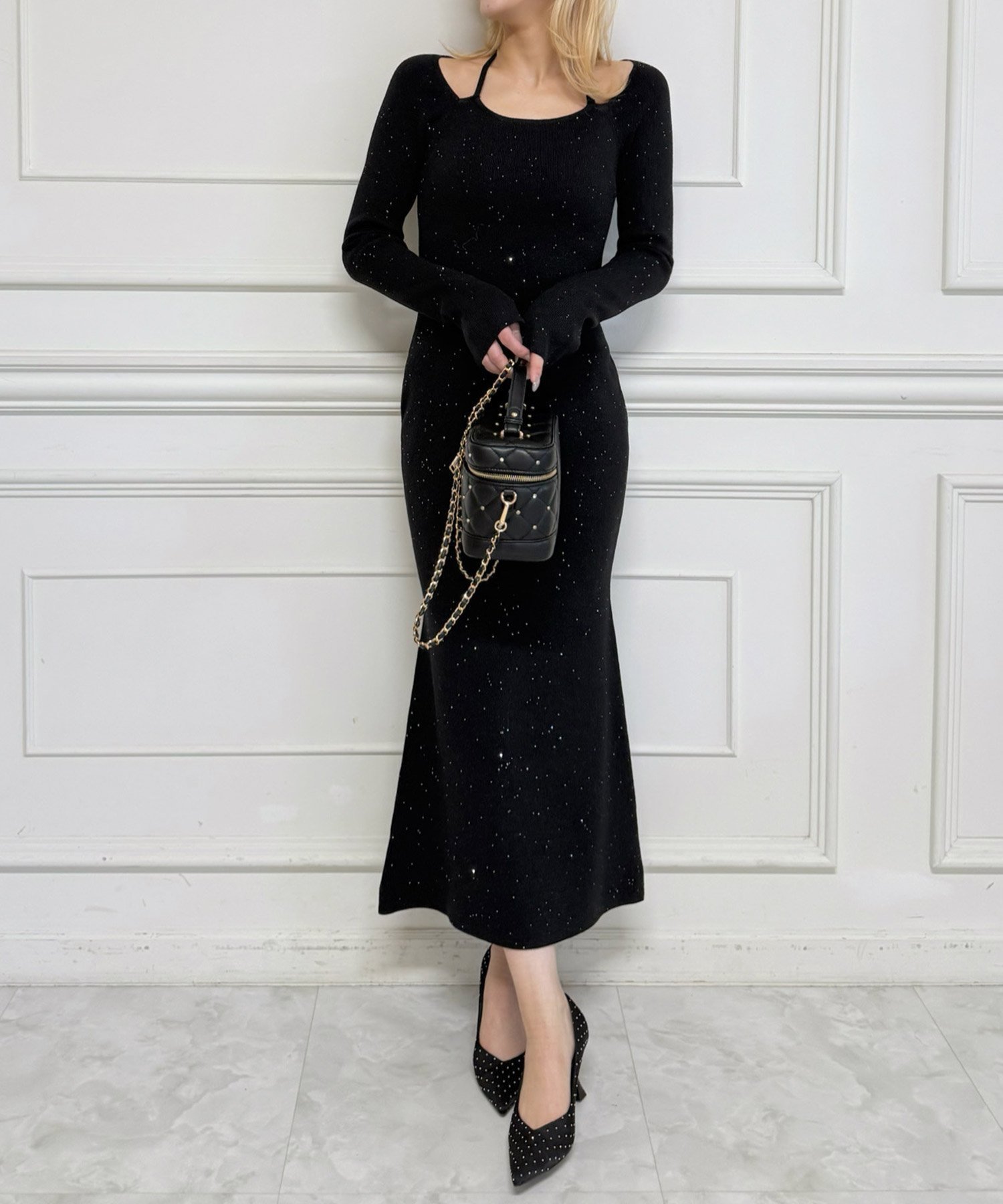 【ロイヤルパーティー/ROYAL PARTY】のスパンコールニットタイトワンピース インテリア・キッズ・メンズ・レディースファッション・服の通販 founy(ファニー) 　ファッション　Fashion　レディースファッション　Fashion for Women　ワンピース　Dresses　エレガント 上品　Elegant　スパンコール　Sequins, Sequin Embellishment　デコルテ　Décolleté, Neckline　フォルム　Silhouette, Form　マーメイド　Mermaid, Fishtail Silhouette　ラップ　Wrap, Wrap Design　ブラック|ID: prp329100004809852 ipo3291000000034908017