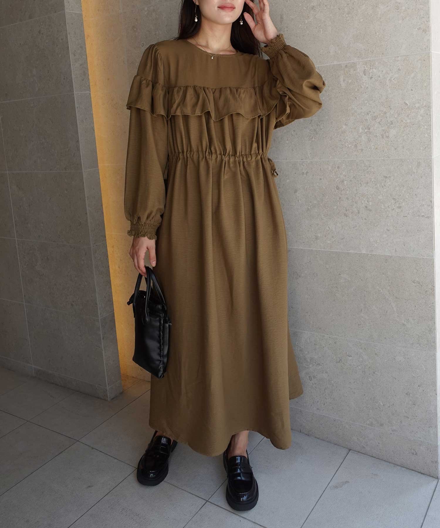 【コーナーズ/CORNERS】のウエストドロストフリルワンピース インテリア・キッズ・メンズ・レディースファッション・服の通販 founy(ファニー) ファッション Fashion レディースファッション Fashion for Women ワンピース Dresses ポケット Pocket, Pocket Detail カーキ|ID: prp329100004809858 ipo3291000000034908078