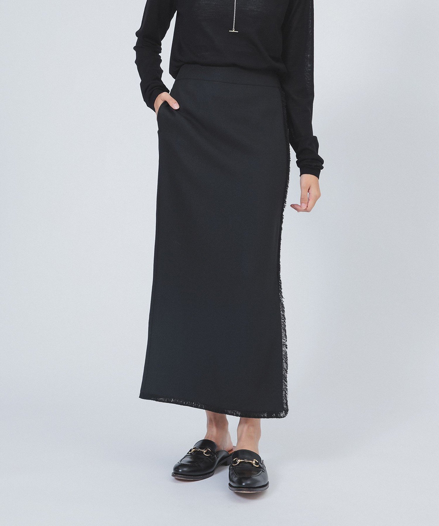 【デミルクス ビームス/Demi-Luxe BEAMS】のフリンジ Iライン スカート インテリア・キッズ・メンズ・レディースファッション・服の通販 founy(ファニー) 　ファッション　Fashion　レディースファッション　Fashion for Women　スカート　Skirts　カットソー　Cut and Sewn Top　スタイリッシュ　Stylish, Fashionable　ストレート　Straight, Straight Cut　フリンジ　Fringe, Tassel　フロント　Front, Front Design　ラップ　Wrap, Wrap Design　BLACK|ID: prp329100004810392 ipo3291000000034915035
