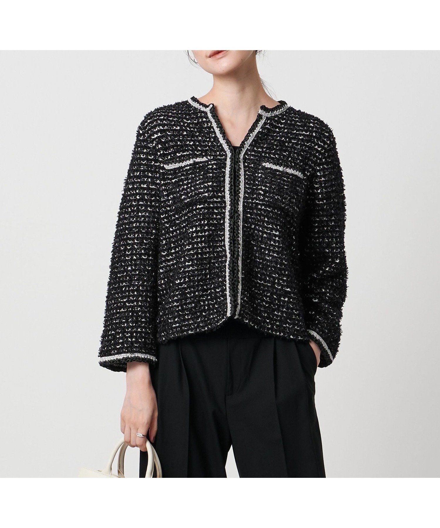 【ユナイテッドアローズ/UNITED ARROWS】のツイードライク ニットカーディガン インテリア・キッズ・メンズ・レディースファッション・服の通販 founy(ファニー) ファッション Fashion レディースファッション Fashion for Women トップス・カットソー Cut & Sew Tops ニット Knit Tops & Sweaters カーディガン・羽織り Layered Style Cardigans おすすめ Recommended / Our Picks かぎ針 Crochet カーディガン Cardigan, Knitwear デニム Denim, Jeans Material トリミング Trimming, Decorative Edge フリンジ Fringe, Tassel ボトム Bottoms, Lower Wear リラックス Relax, Relaxed Fit エレガント 上品 Elegant BLACK|ID: prp329100004810632 ipo3291000000034917586