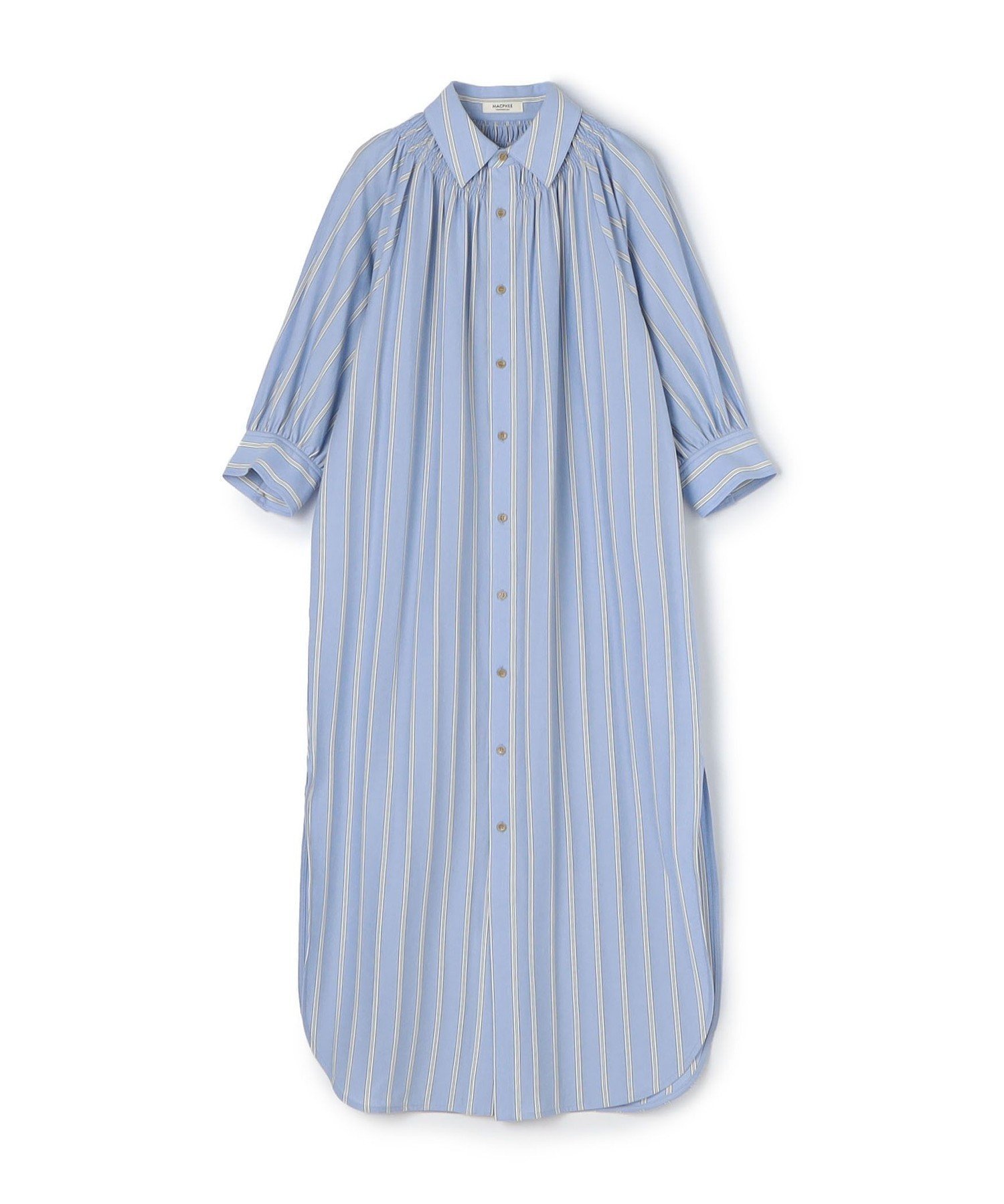 【トゥモローランド/TOMORROWLAND】のハイゲージストライプ シャツワンピース インテリア・キッズ・メンズ・レディースファッション・服の通販 founy(ファニー) 　ファッション　Fashion　レディースファッション　Fashion for Women　ワンピース　Dresses　シャツワンピース / 1枚で着映えコーデ　Shirt Dresses　シャーリング　Shirring, Ruched　ストライプ　Stripe, Striped Pattern　スリット　Slit, Slit Detail　フロント　Front, Front Design　プリント　Print, Printed Pattern　エレガント 上品　Elegant　62 ライトブルー系|ID: prp329100004811229 ipo3291000000034922958