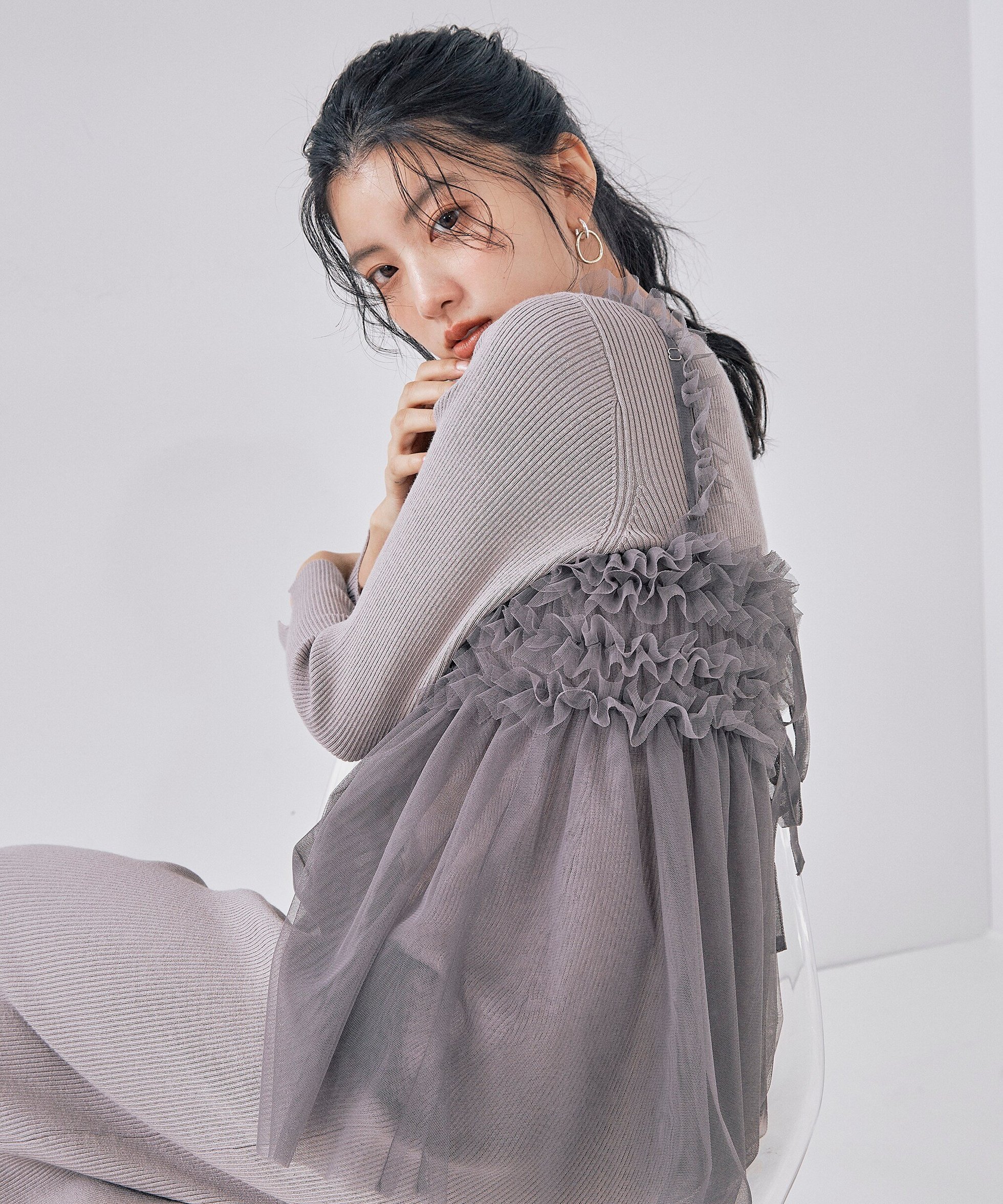 【プロポーション ボディドレッシング/PROPORTION BODY DRESSING】の《EDIT COLOGNE》チュールキャミセットニットワンピース インテリア・キッズ・メンズ・レディースファッション・服の通販 founy(ファニー) 　ファッション　Fashion　レディースファッション　Fashion for Women　ワンピース　Dresses　ニットワンピース　Knit Dresses　シャーリング　Shirring, Ruched　スリット　Slit, Slit Detail　チュール　Tulip, Tulip Motif　ラップ　Wrap, Wrap Design　リボン　Ribbon, Bow　グレー×チャコール|ID: prp329100004811262 ipo3291000000034923514
