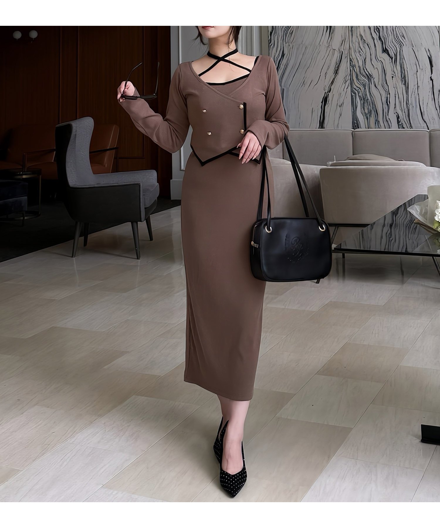 【ロイヤルパーティー/ROYAL PARTY】のアンサンブル配色カットワンピース 人気、トレンドファッション・服の通販 founy(ファニー) 　ファッション　Fashion　レディースファッション　Fashion for Women　ワンピース　Dresses　おすすめ　Recommended / Our Picks　アンサンブル　Ensemble Set　カーディガン　Cardigan, Knitwear　キャミワンピース　Cami Dress, Slip Dress　クラシカル　Classical, Vintage-Inspired　ダブル　Double, Double-Breasted　デコルテ　Décolleté, Neckline　フェミニン　Feminine, Girly　エレガント 上品　Elegant　 other-1|ID: prp329100004811276 ipo3291000000034923624