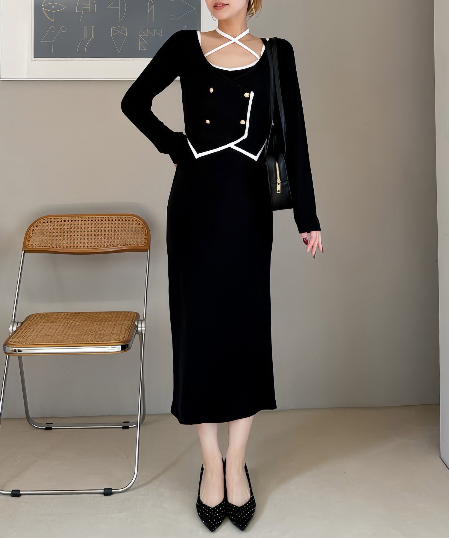 【ロイヤルパーティー/ROYAL PARTY】のアンサンブル配色カットワンピース インテリア・キッズ・メンズ・レディースファッション・服の通販 founy(ファニー) 　ファッション　Fashion　レディースファッション　Fashion for Women　ワンピース　Dresses　おすすめ　Recommended / Our Picks　アンサンブル　Ensemble Set　カーディガン　Cardigan, Knitwear　キャミワンピース　Cami Dress, Slip Dress　クラシカル　Classical, Vintage-Inspired　ダブル　Double, Double-Breasted　デコルテ　Décolleté, Neckline　フェミニン　Feminine, Girly　エレガント 上品　Elegant　ブラック|ID: prp329100004811276 ipo3291000000034923632