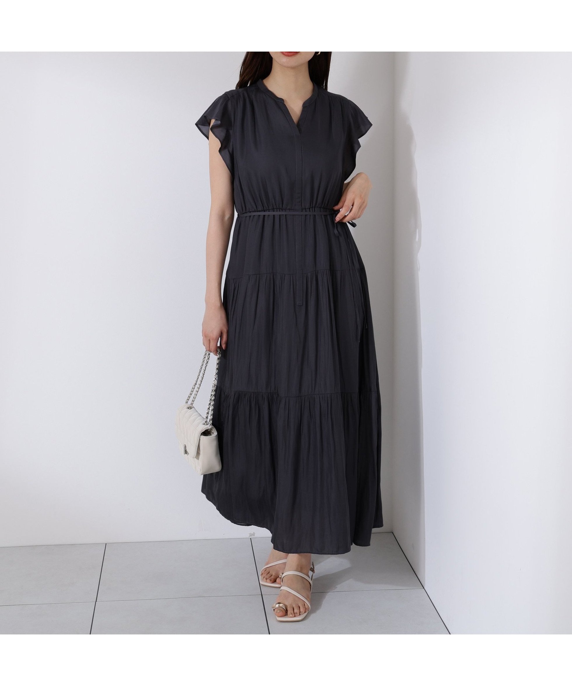 【プロポーション ボディドレッシング/PROPORTION BODY DRESSING】のリボン付きギャザーワンピース インテリア・キッズ・メンズ・レディースファッション・服の通販 founy(ファニー) 　ファッション　Fashion　レディースファッション　Fashion for Women　ワンピース　Dresses　ギャザー　Gathered, Ruffled　サテン　Satin, Glossy Fabric　シンプル　Simple, Minimal　リボン　Ribbon, Bow　チャコール2|ID: prp329100004811344 ipo3291000000034924330