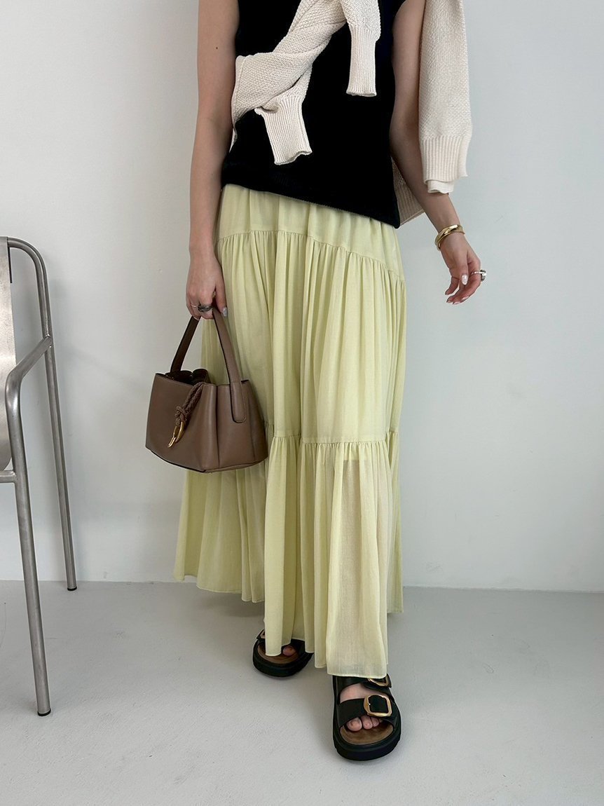 【ミラオーウェン/Mila Owen】のマキシ丈ボリュームティアードスカート インテリア・キッズ・メンズ・レディースファッション・服の通販 founy(ファニー) 　雑誌掲載アイテム　Magazine Picks & Fashion Features　ファッション雑誌　Fashion Magazines　ジゼル　GISELe　ファッション　Fashion　レディースファッション　Fashion for Women　スカート　Skirts　ティアードスカート　Tiered Skirts　カットソー　Cut and Sewn Top　ギャザー　Gathered, Ruffled　シアー　Sheer, See-Through　シンプル　Simple, Minimal　雑誌　Magazine, Fashion Magazine　ティアード　Tiered, Tiered Style　ティアードスカート　Tiered Skirt, Flounced Skirt　8月号　August Issue, Aug. Edition　フレア　Flare, Flared　ペチコート　Petticoat, Underskirt　マキシ　Maxi, Full Length　ラウンド　Round, Round Neck　ワッシャー　Washer, Crinkled Finish　夏　Summer　エレガント 上品　Elegant　YEL[032]|ID: prp329100004811657 ipo3291000000034927764