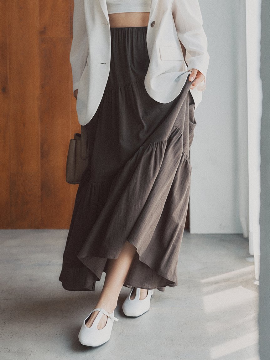 【ミラオーウェン/Mila Owen】のマキシ丈ボリュームティアードスカート インテリア・キッズ・メンズ・レディースファッション・服の通販 founy(ファニー) 　雑誌掲載アイテム　Magazine Picks & Fashion Features　ファッション雑誌　Fashion Magazines　ジゼル　GISELe　ファッション　Fashion　レディースファッション　Fashion for Women　スカート　Skirts　ティアードスカート　Tiered Skirts　カットソー　Cut and Sewn Top　ギャザー　Gathered, Ruffled　シアー　Sheer, See-Through　シンプル　Simple, Minimal　雑誌　Magazine, Fashion Magazine　ティアード　Tiered, Tiered Style　ティアードスカート　Tiered Skirt, Flounced Skirt　8月号　August Issue, Aug. Edition　フレア　Flare, Flared　ペチコート　Petticoat, Underskirt　マキシ　Maxi, Full Length　ラウンド　Round, Round Neck　ワッシャー　Washer, Crinkled Finish　夏　Summer　エレガント 上品　Elegant　DBRW[059]|ID: prp329100004811657 ipo3291000000034927765