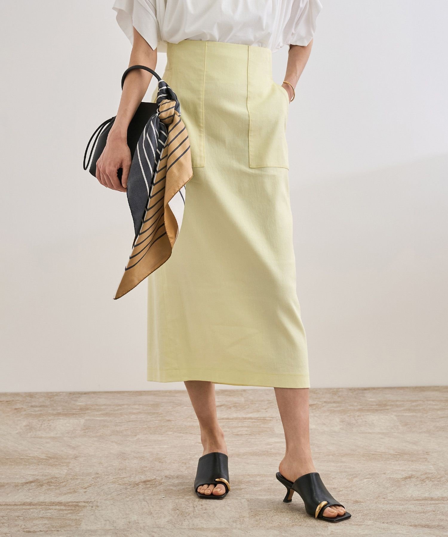 【ロペ/ROPE'】の【洗える】サテンリネン ポケット付きタイトスカート【34サイズ/J aDoRe・店舗限定】/25SS 人気、トレンドファッション・服の通販 founy(ファニー) 　ファッション　Fashion　レディースファッション　Fashion for Women　スカート　Skirts　おすすめ　Recommended / Our Picks　イエロー　Yellow　カットソー　Cut and Sewn Top　サテン　Satin, Glossy Fabric　ストレッチ　Stretch, Stretchy Fabric　ポケット　Pocket, Pocket Detail　リネン　Linen, Linen Fabric　エレガント 上品　Elegant　ビジネス 仕事 通勤　Business / Work / Commuting　定番　Standard, Basic Item　洗える　Machine Washable　 other-1|ID: prp329100004811679 ipo3291000000034928012