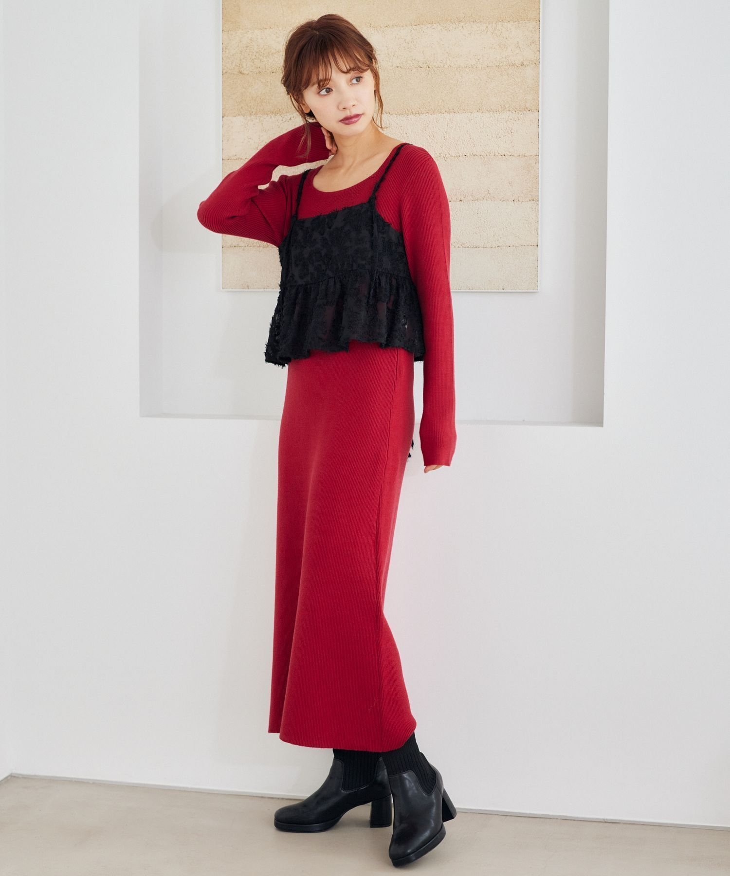 【ミスティ ウーマン/mysty woman】の【上西星来さん着用アイテム】フェザーキャミセットニットワンピース インテリア・キッズ・メンズ・レディースファッション・服の通販 founy(ファニー) 　ファッションモデル・俳優・女優　Models　女性　Women　上西星来　Jonishi Seira　ファッション　Fashion　レディースファッション　Fashion for Women　ワンピース　Dresses　ニットワンピース　Knit Dresses　キャミ　Camisole, Cami Top　キャミソール　Camisole, Spaghetti Strap Top　シンプル　Simple, Minimal　ジャケット　Jacket, Outerwear　スクエア　Square, Square Shape　トレンド　Trend, Trending Now　フェザー　Feather, Feather Detail　ベーシック　Basic, Essential　ラウンド　Round, Round Neck　リボン　Ribbon, Bow　レッド35|ID: prp329100004811689 ipo3291000000034928153