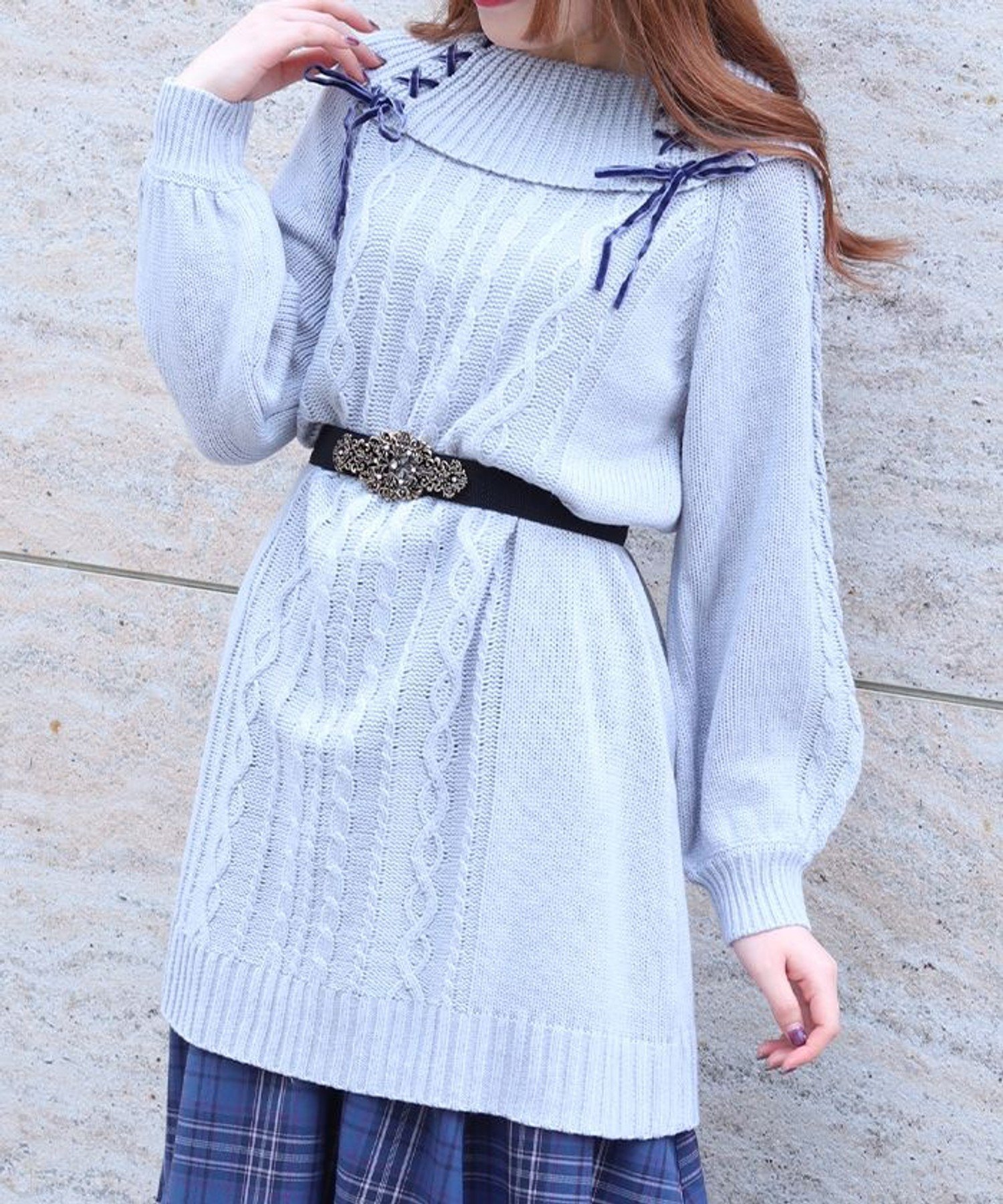 【アクシーズファム/axes femme】のレースアップニットチュニック インテリア・キッズ・メンズ・レディースファッション・服の通販 founy(ファニー) 　ファッション　Fashion　レディースファッション　Fashion for Women　トップス・カットソー　Cut & Sew Tops　ニット　Knit Tops & Sweaters　おすすめ　Recommended / Our Picks　インナー　Innerwear　タートル　Turtleneck, Turtle Collar　チュニック　Tunic, Long Top　バランス　Balance, Style Balance　フェミニン　Feminine, Girly　ベロア　Velour, Soft Velvet　リボン　Ribbon, Bow　レース　Lace, Lace Fabric　ロング　Long, Long-Length　グレー|ID: prp329100004811706 ipo3291000000034928338