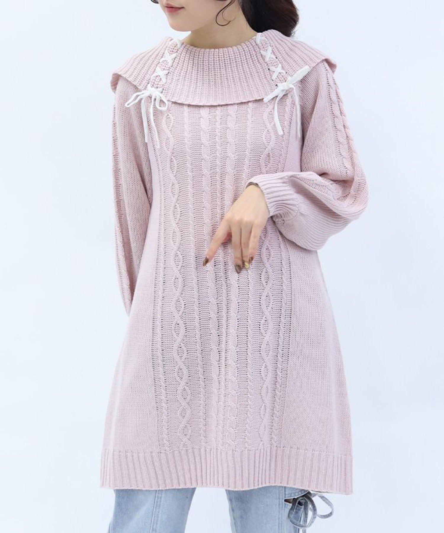 【アクシーズファム/axes femme】のレースアップニットチュニック インテリア・キッズ・メンズ・レディースファッション・服の通販 founy(ファニー) 　ファッション　Fashion　レディースファッション　Fashion for Women　トップス・カットソー　Cut & Sew Tops　ニット　Knit Tops & Sweaters　おすすめ　Recommended / Our Picks　インナー　Innerwear　タートル　Turtleneck, Turtle Collar　チュニック　Tunic, Long Top　バランス　Balance, Style Balance　フェミニン　Feminine, Girly　ベロア　Velour, Soft Velvet　リボン　Ribbon, Bow　レース　Lace, Lace Fabric　ロング　Long, Long-Length　ピンク|ID: prp329100004811706 ipo3291000000034928341