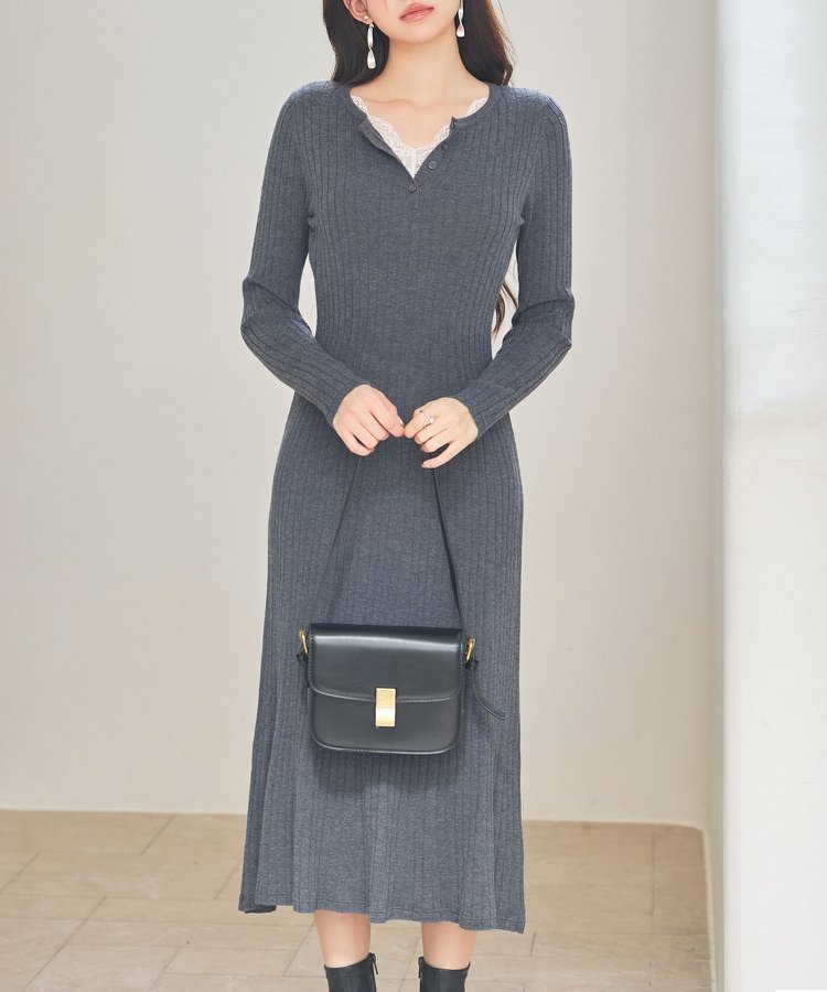 【セゾンドパピヨン/SAISON DE PAPILLON】のリブ編みレース付きニットワンピース 人気、トレンドファッション・服の通販 founy(ファニー) 　ファッション　Fashion　レディースファッション　Fashion for Women　ワンピース　Dresses　ニットワンピース　Knit Dresses　インナー　Innerwear　クラシカル　Classical, Vintage-Inspired　ストライプ　Stripe, Striped Pattern　ストレッチ　Stretch, Stretchy Fabric　レース　Lace, Lace Fabric　 other-1|ID: prp329100004811711 ipo3291000000034928373