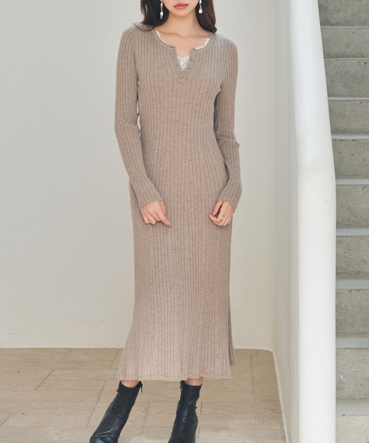 【セゾンドパピヨン/SAISON DE PAPILLON】のリブ編みレース付きニットワンピース インテリア・キッズ・メンズ・レディースファッション・服の通販 founy(ファニー) 　ファッション　Fashion　レディースファッション　Fashion for Women　ワンピース　Dresses　ニットワンピース　Knit Dresses　インナー　Innerwear　クラシカル　Classical, Vintage-Inspired　ストライプ　Stripe, Striped Pattern　ストレッチ　Stretch, Stretchy Fabric　レース　Lace, Lace Fabric　ベージュ|ID: prp329100004811711 ipo3291000000034928375