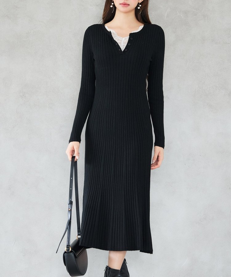 【セゾンドパピヨン/SAISON DE PAPILLON】のリブ編みレース付きニットワンピース インテリア・キッズ・メンズ・レディースファッション・服の通販 founy(ファニー) 　ファッション　Fashion　レディースファッション　Fashion for Women　ワンピース　Dresses　ニットワンピース　Knit Dresses　インナー　Innerwear　クラシカル　Classical, Vintage-Inspired　ストライプ　Stripe, Striped Pattern　ストレッチ　Stretch, Stretchy Fabric　レース　Lace, Lace Fabric　ブラック|ID: prp329100004811711 ipo3291000000034928376