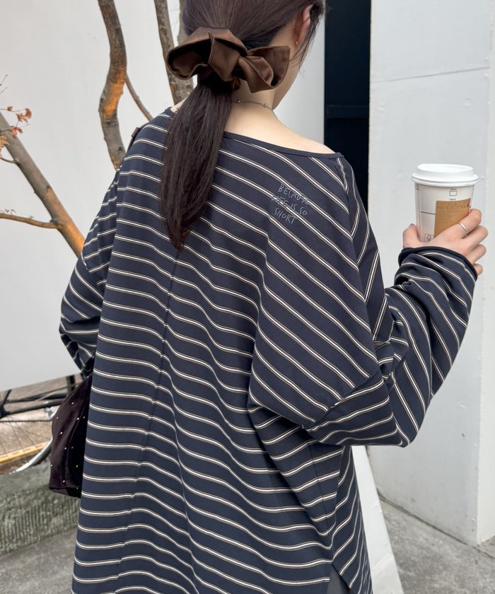 【チャオパニックティピー/CIAOPANIC TYPY】のシアースラブボーダーワンポイント刺繍オーバTee インテリア・キッズ・メンズ・レディースファッション・服の通販 founy(ファニー) https://founy.com/ ファッション Fashion レディースファッション Fashion for Women インナー Innerwear ショルダー Shoulder, Shoulder Strap シンプル Simple, Minimal スウェット / スエット Sweatshirt, Sweatwear デニム Denim, Jeans Material トレンド Trend, Trending Now ドロップ Drop Shoulder, Dropped Style 定番 Standard, Basic Item 人気 Popular, Best Seller ボーダー Border, Stripe ポーチ Pouch, Small Case ロング Long, Long-Length おすすめ Recommended / Our Picks |ID: prp329100004811887 ipo3291000000034930009