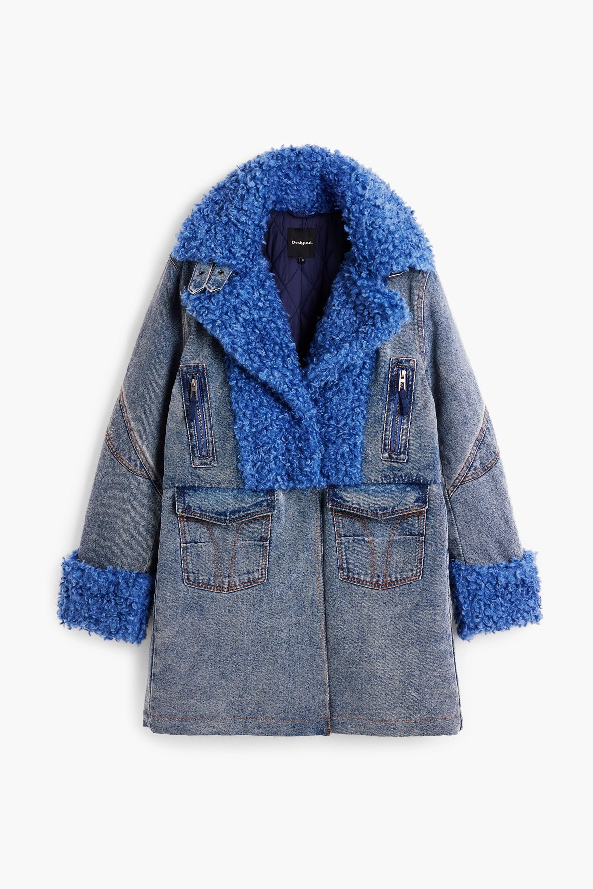 【デシグアル/Desigual】のデニムとファーのハイブリッドコート 人気、トレンドファッション・服の通販 founy(ファニー) 　ファッション　Fashion　レディースファッション　Fashion for Women　アウター　Coat / Outerwear Collection　コート・ロングコート・ピーコート　Long Coats, Peacoats & More　カラフル　Colorful Design　シューズ　Shoes, Footwear　デニム　Denim, Jeans Material　パターン　Pattern, Design Print　パッチワーク　Patchwork, Mixed Fabric　フロント　Front, Front Design　プリント　Print, Printed Pattern　メンズ　Men's, Menswear　長袖　Long Sleeve, Full Sleeve　 other-1|ID: prp329100004812427 ipo3291000000034935299