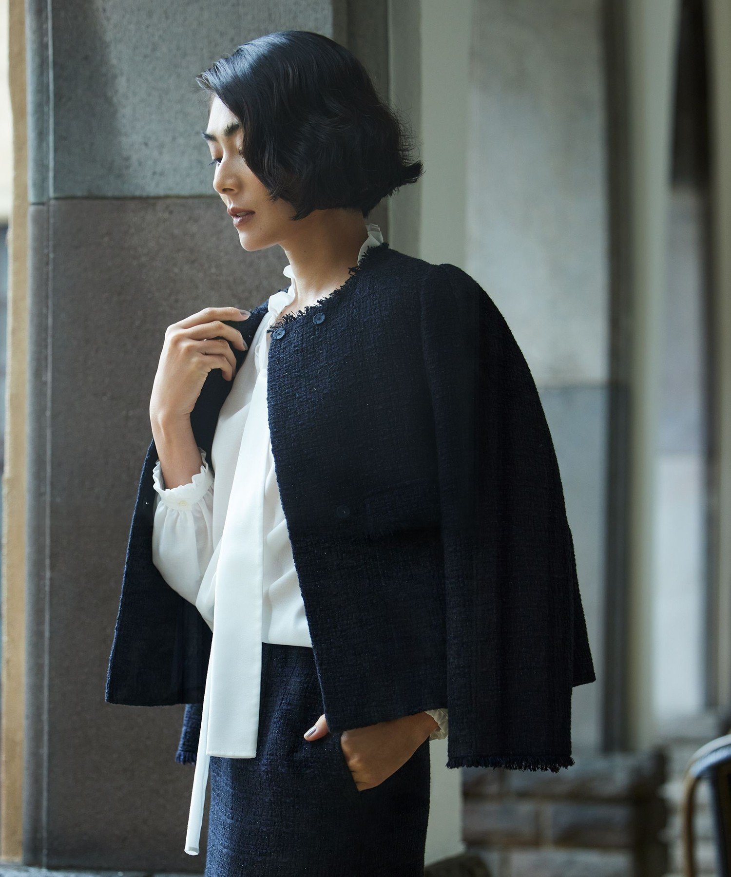 【トゥモローランド/TOMORROWLAND】のラメミックスツイード セミダブルクルージャケット インテリア・キッズ・メンズ・レディースファッション・服の通販 founy(ファニー) 　ファッション　Fashion　レディースファッション　Fashion for Women　アウター　Coat / Outerwear Collection　レディースジャケット・軽アウター　Jackets　コンパクト　Compact, Small Size　ジャケット　Jacket, Outerwear　セットアップ　Set-Up, Coordinated Outfit　ツイード　Twill, Twill Weave　フォルム　Silhouette, Form　フロント　Front, Front Design　ポケット　Pocket, Pocket Detail　おすすめ　Recommended / Our Picks　セレモニー　Ceremony　入学式　Entrance Ceremony　69 ネイビー|ID: prp329100004812521 ipo3291000000034936125