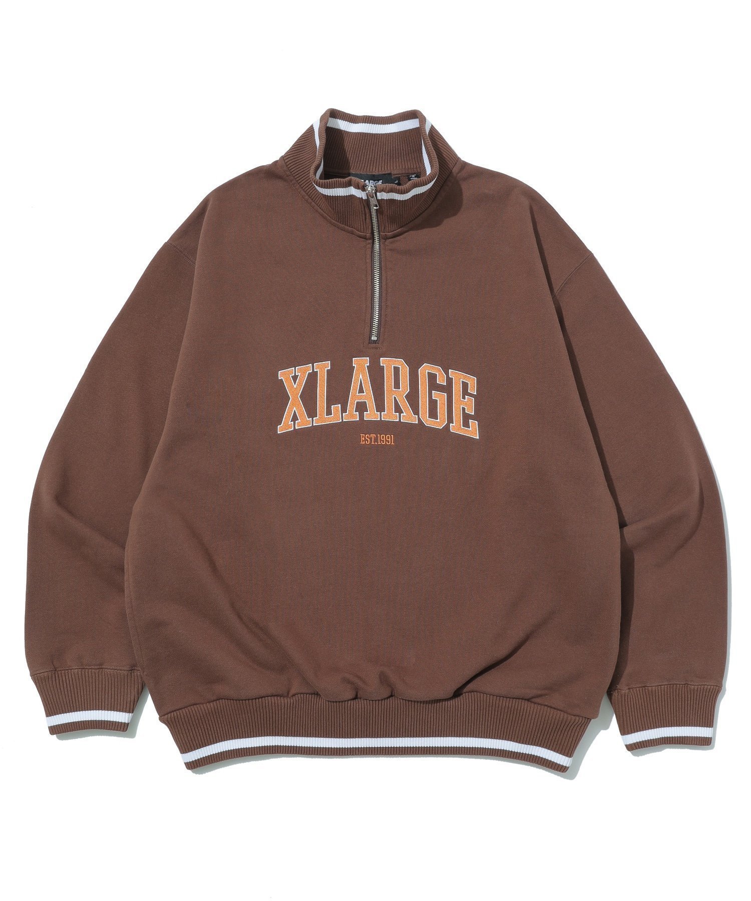 【エクストララージ/XLARGE】のXLARGE/STRIPED RIB HALF ZIP SWEATSHIRT インテリア・キッズ・メンズ・レディースファッション・服の通販 founy(ファニー) 　ファッション　Fashion　レディースファッション　Fashion for Women　トップス・カットソー　Cut & Sew Tops　シャツ・ブラウス・オフィスカジュアル　Elegant Blouses & Button-Ups　レディースパーカー・カジュアルフーディー　Casual Hoodies & Sweatshirts　ロングTシャツ・Tシャツ　Longline T-Shirts & Tees　スウェット・クルーネックトップス　Sweatshirts & Crewnecks / Relaxed Fit Sweat Tops　フロント　Front, Front Design　BROWN|ID: prp329100004812601 ipo3291000000034936921
