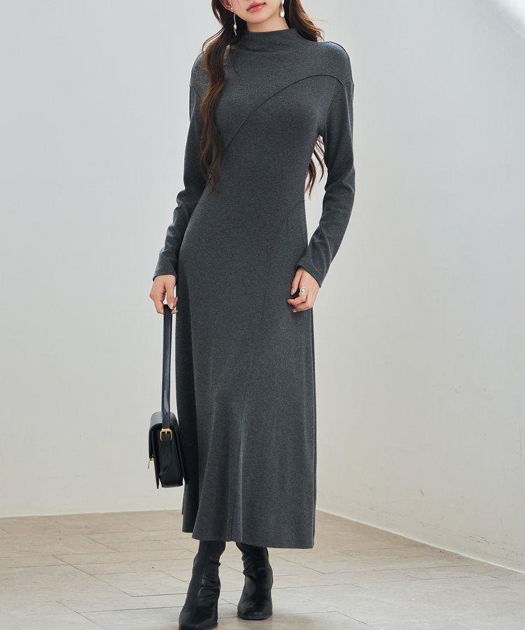 【セゾンドパピヨン/SAISON DE PAPILLON】のボトルネックネックロングワンピース 人気、トレンドファッション・服の通販 founy(ファニー) 　ファッション　Fashion　レディースファッション　Fashion for Women　ワンピース　Dresses　アシンメトリー　Asymmetrical Style　カットソー　Cut and Sewn Top　シンプル　Simple, Minimal　ドレープ　Drape, Draping Fabric　パイピング　Piping, Trim Design　フレア　Flare, Flared　フロント　Front, Front Design　ボトルネック　Bottle Neck, Mock Neck　ロング　Long, Long-Length　エレガント 上品　Elegant　A/W・秋冬　Autumn/Winter　 other-1|ID: prp329100004812680 ipo3291000000034937708