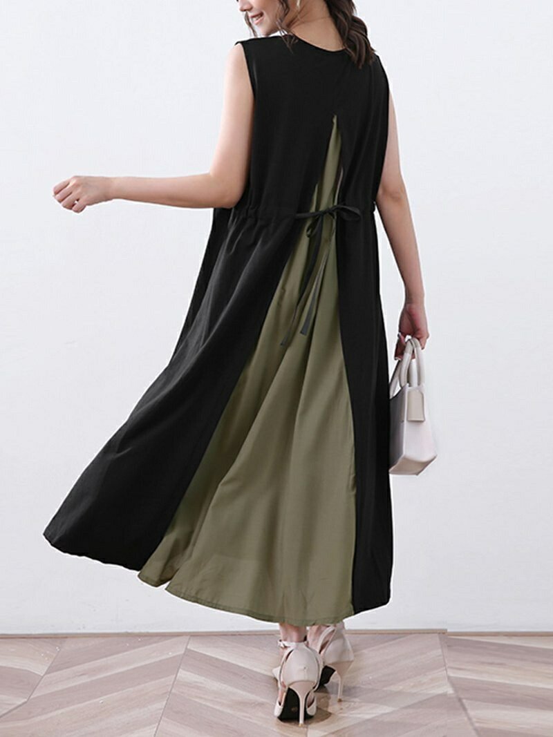 【ドゥーベル/Doux Belle】の【Doux Belle】ワンピース ロング丈 半袖 長袖 インテリア・キッズ・メンズ・レディースファッション・服の通販 founy(ファニー) 　ファッション　Fashion　レディースファッション　Fashion for Women　ワンピース　Dresses　春　Spring　秋　Autumn　シフォン　Chiffon, Lightweight Fabric　シンプル　Simple, Minimal　スリット　Slit, Slit Detail　ドット　Polka Dot, Dot Pattern　ノースリーブ　Sleeveless, No-Sleeve　長袖　Long Sleeve, Full Sleeve　ポケット　Pocket, Pocket Detail　半袖　Short Sleeve, Half Sleeve　ラウンド　Round, Round Neck　ロング　Long, Long-Length　夏　Summer　カーキ|ID: prp329100004812716 ipo3291000000034938085