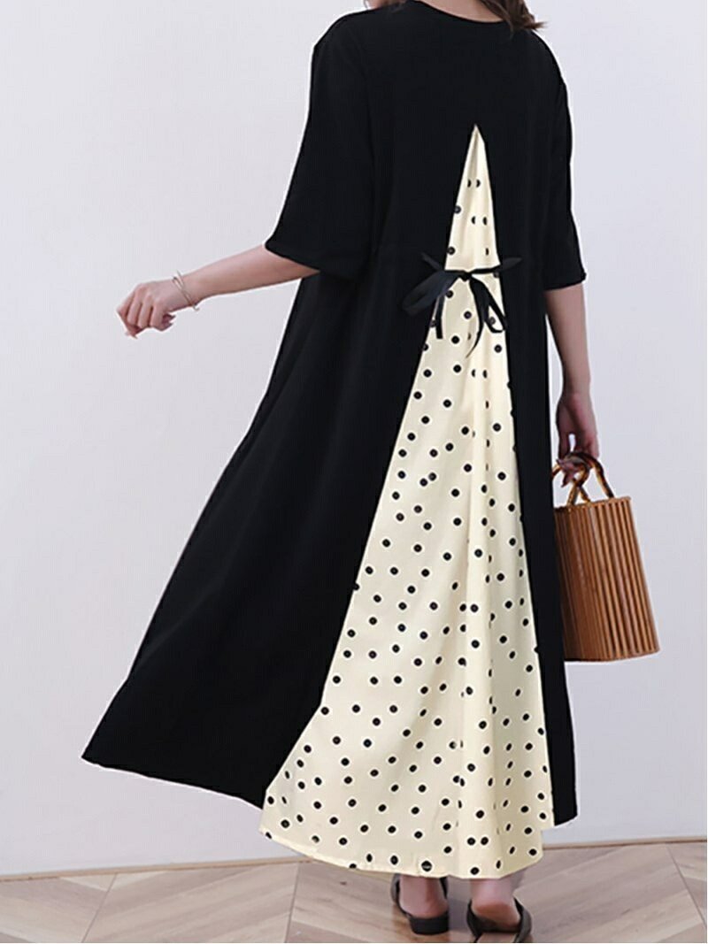 【ドゥーベル/Doux Belle】の【Doux Belle】ワンピース ロング丈 半袖 長袖 インテリア・キッズ・メンズ・レディースファッション・服の通販 founy(ファニー) 　ファッション　Fashion　レディースファッション　Fashion for Women　ワンピース　Dresses　春　Spring　秋　Autumn　シフォン　Chiffon, Lightweight Fabric　シンプル　Simple, Minimal　スリット　Slit, Slit Detail　ドット　Polka Dot, Dot Pattern　ノースリーブ　Sleeveless, No-Sleeve　長袖　Long Sleeve, Full Sleeve　ポケット　Pocket, Pocket Detail　半袖　Short Sleeve, Half Sleeve　ラウンド　Round, Round Neck　ロング　Long, Long-Length　夏　Summer　ドット|ID: prp329100004812716 ipo3291000000034938087